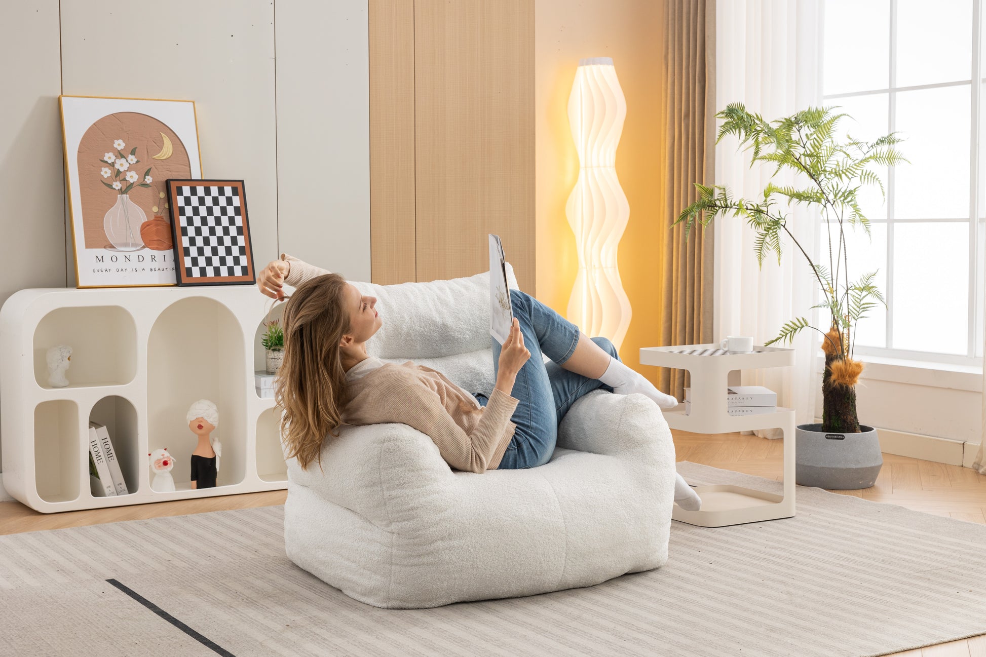 054 Large Size Teddy Fabric Bean Bag Chair Lazy Sofa Chair Sponge Filling For Indoor,Ivory Ivory Primary Living Space Soft Tufted Back Modern Memory Foam Teddy