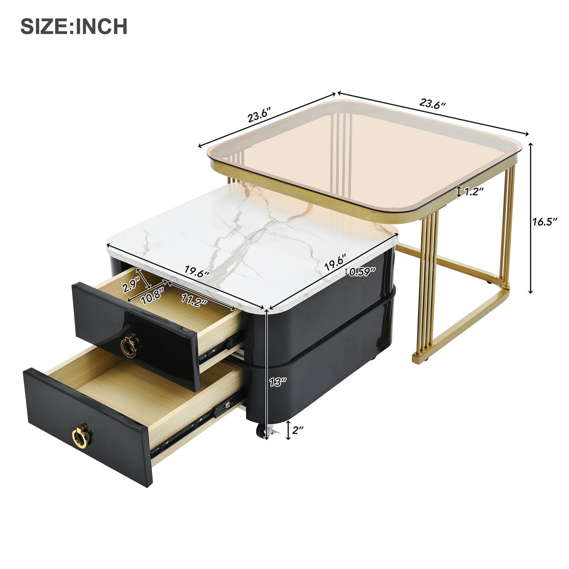 2 In 1 Square Nesting Coffee Table With Wheels & Drawers, Stackable Side Table With High Gloss Marble Grain Top, End Table Set With Brown Tempered Glass For Living Room, Black Black Gold Primary Living Space Drawers Square Mdf Steel