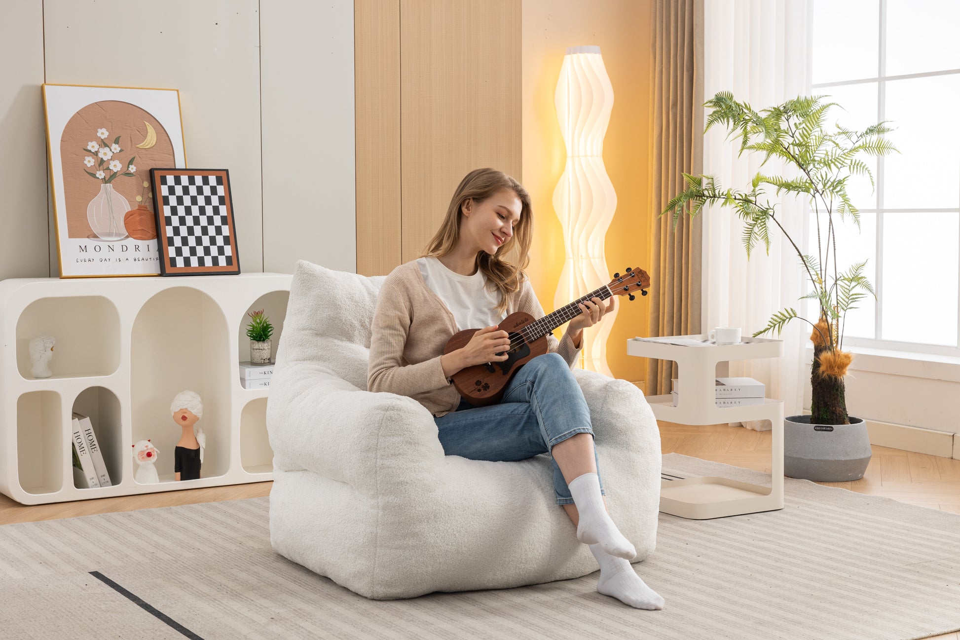 054 Large Size Teddy Fabric Bean Bag Chair Lazy Sofa Chair Sponge Filling For Indoor,Ivory Ivory Primary Living Space Soft Tufted Back Modern Memory Foam Teddy