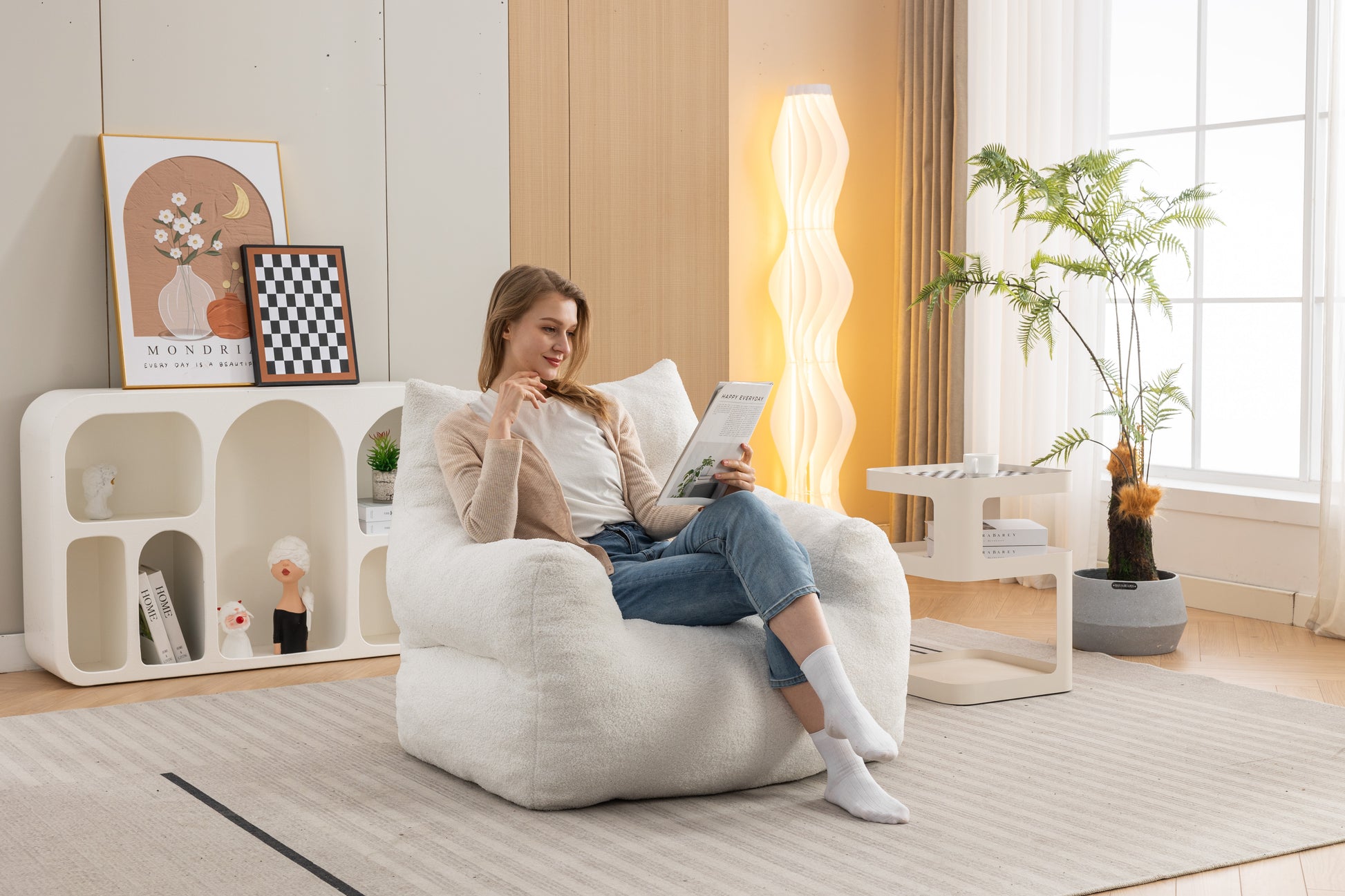 054 Large Size Teddy Fabric Bean Bag Chair Lazy Sofa Chair Sponge Filling For Indoor,Ivory Ivory Primary Living Space Soft Tufted Back Modern Memory Foam Teddy