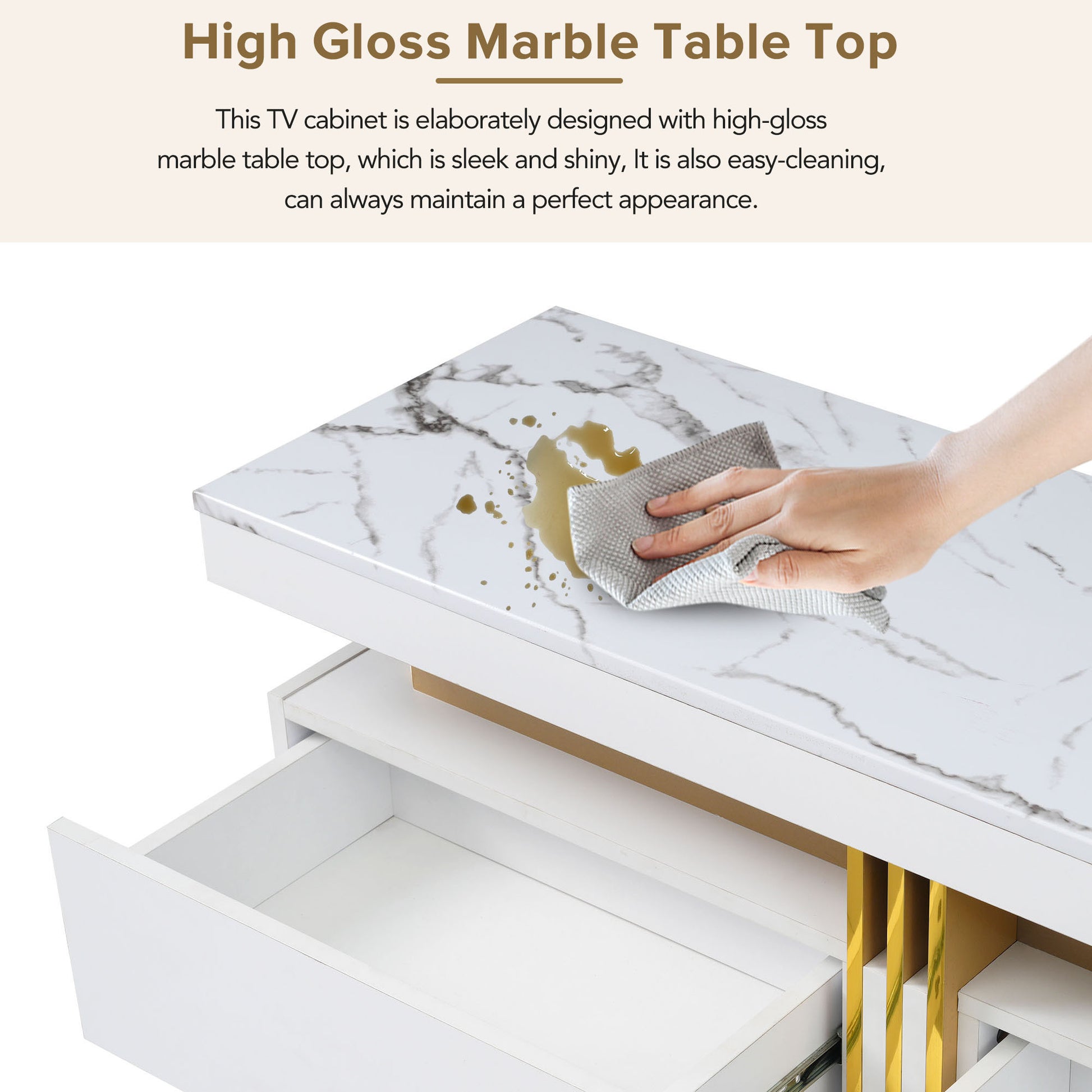 Luxury Tv Stand With High Gloss Faux Marble Top For Tvs Up To 78'', Rectangle Media Console With Golden Panel Design, Practical Entertainment Center With 3 Drawers For Living Room, White White Gold 70 79 Inches 70 79 Inches Mdf