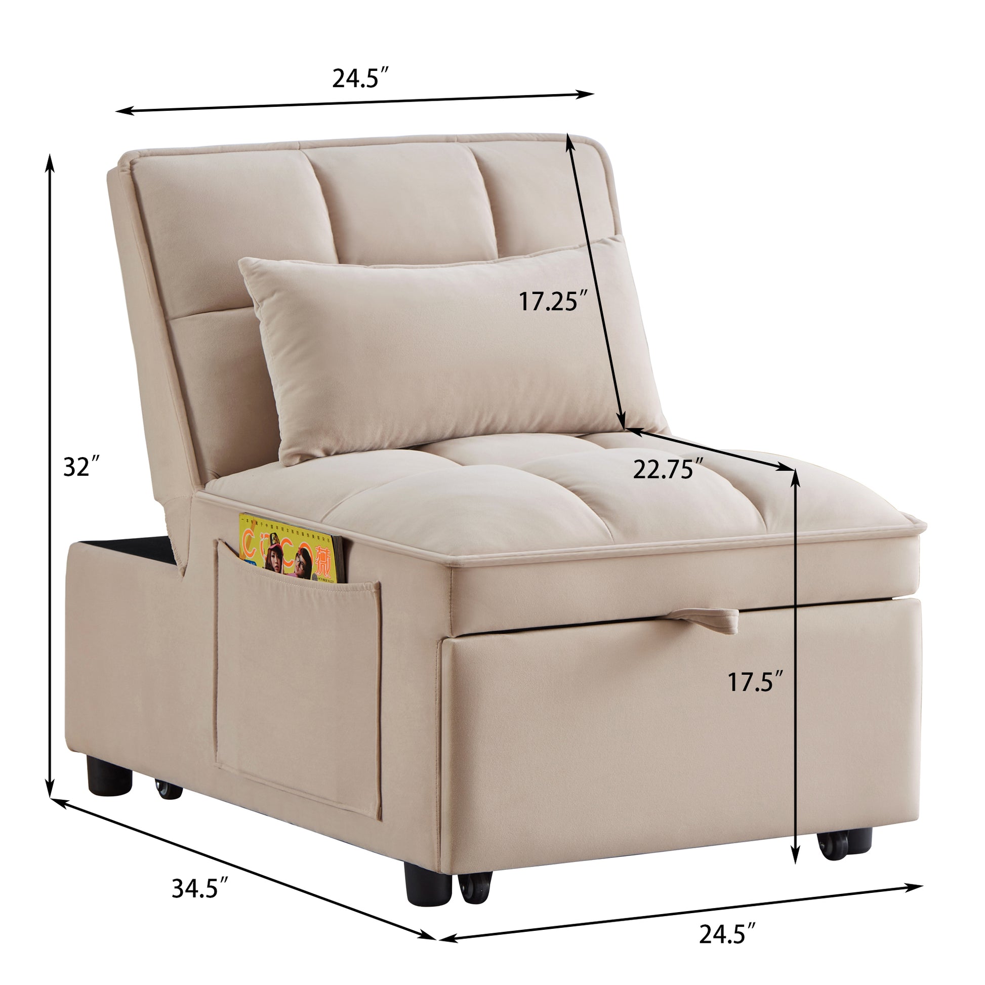 4 In1 Multi Function Single Sofa Bed With Storage Pockets,Tufted Single Pull Out Sofa Bed With Adjustable Backrest And Pillows ,Convertible Chaise Lounge,Taupe Taupe Velvet Metal Primary Living Space American Design Armless Foam Velvet 1 Seat