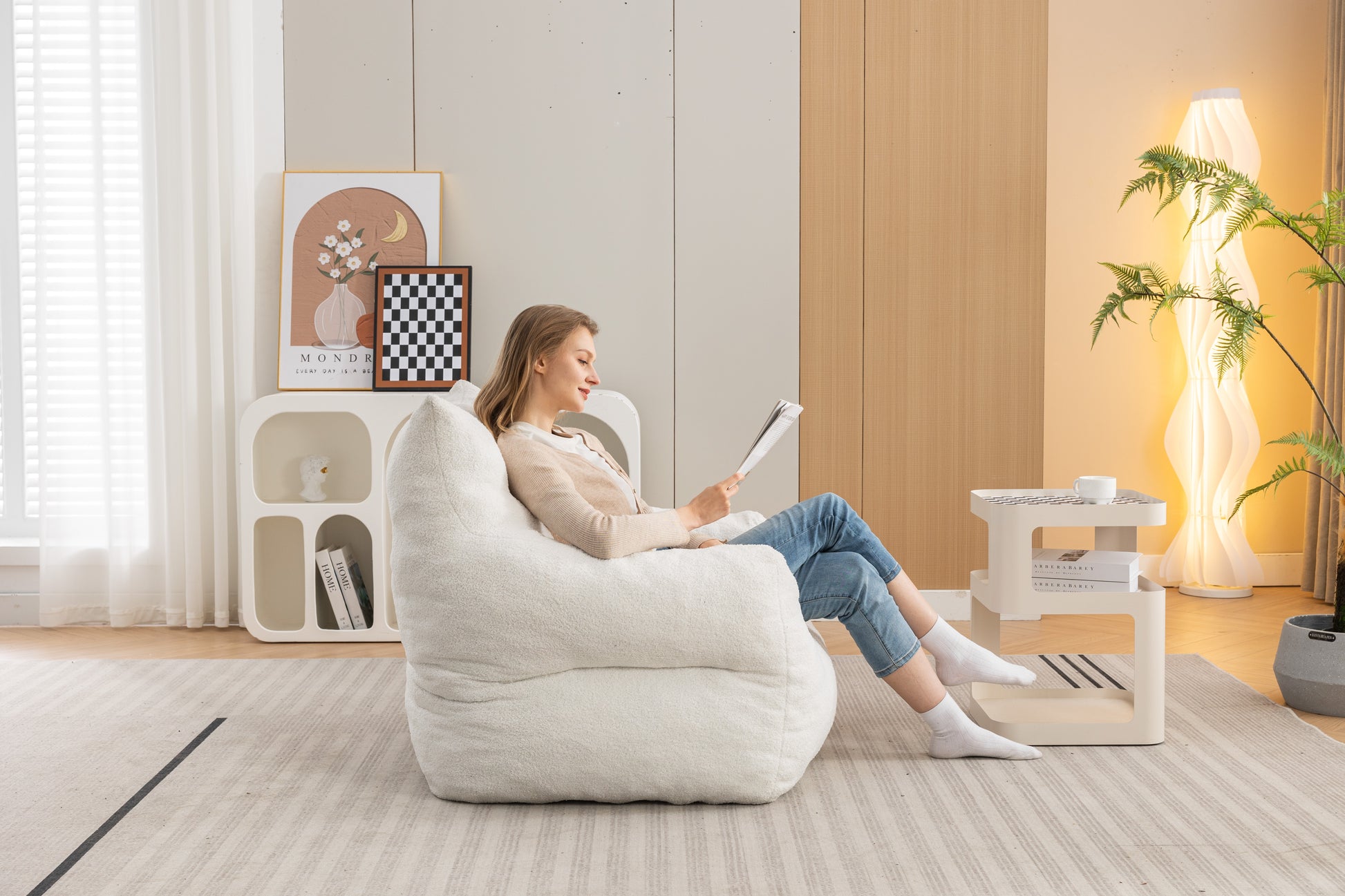 054 Large Size Teddy Fabric Bean Bag Chair Lazy Sofa Chair Sponge Filling For Indoor,Ivory Ivory Primary Living Space Soft Tufted Back Modern Memory Foam Teddy