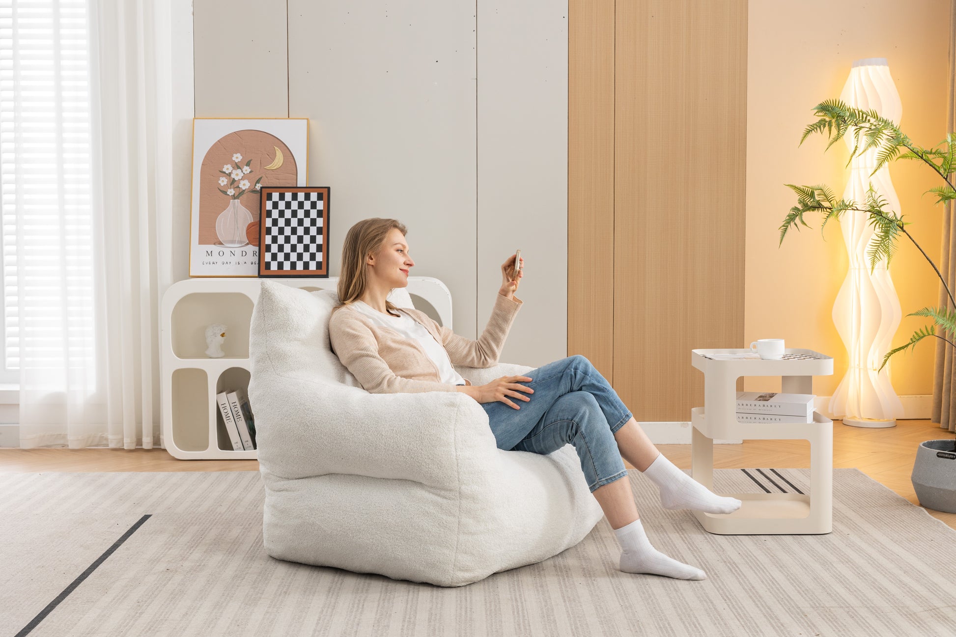 054 Large Size Teddy Fabric Bean Bag Chair Lazy Sofa Chair Sponge Filling For Indoor,Ivory Ivory Primary Living Space Soft Tufted Back Modern Memory Foam Teddy