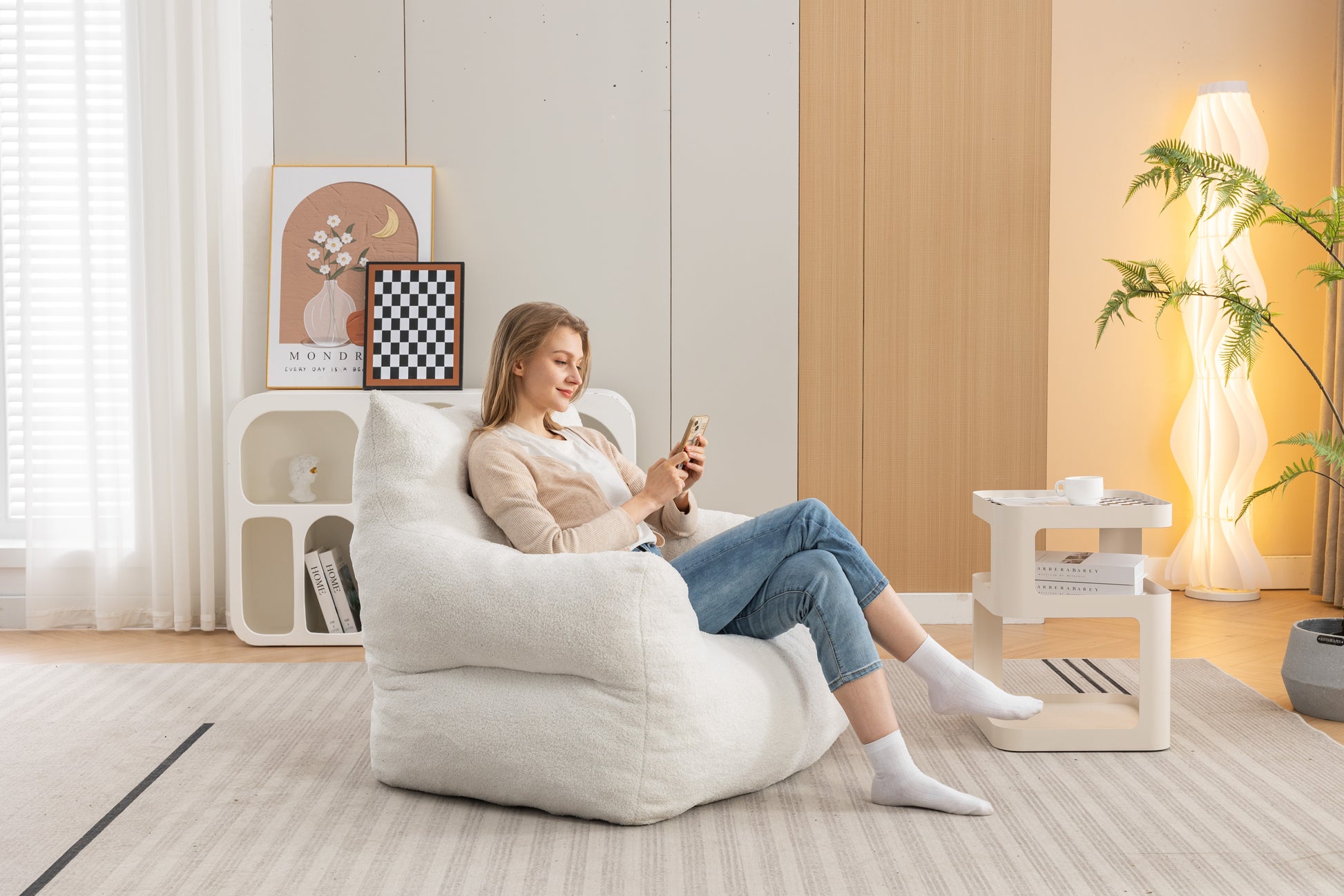 054 Large Size Teddy Fabric Bean Bag Chair Lazy Sofa Chair Sponge Filling For Indoor,Ivory Ivory Primary Living Space Soft Tufted Back Modern Memory Foam Teddy