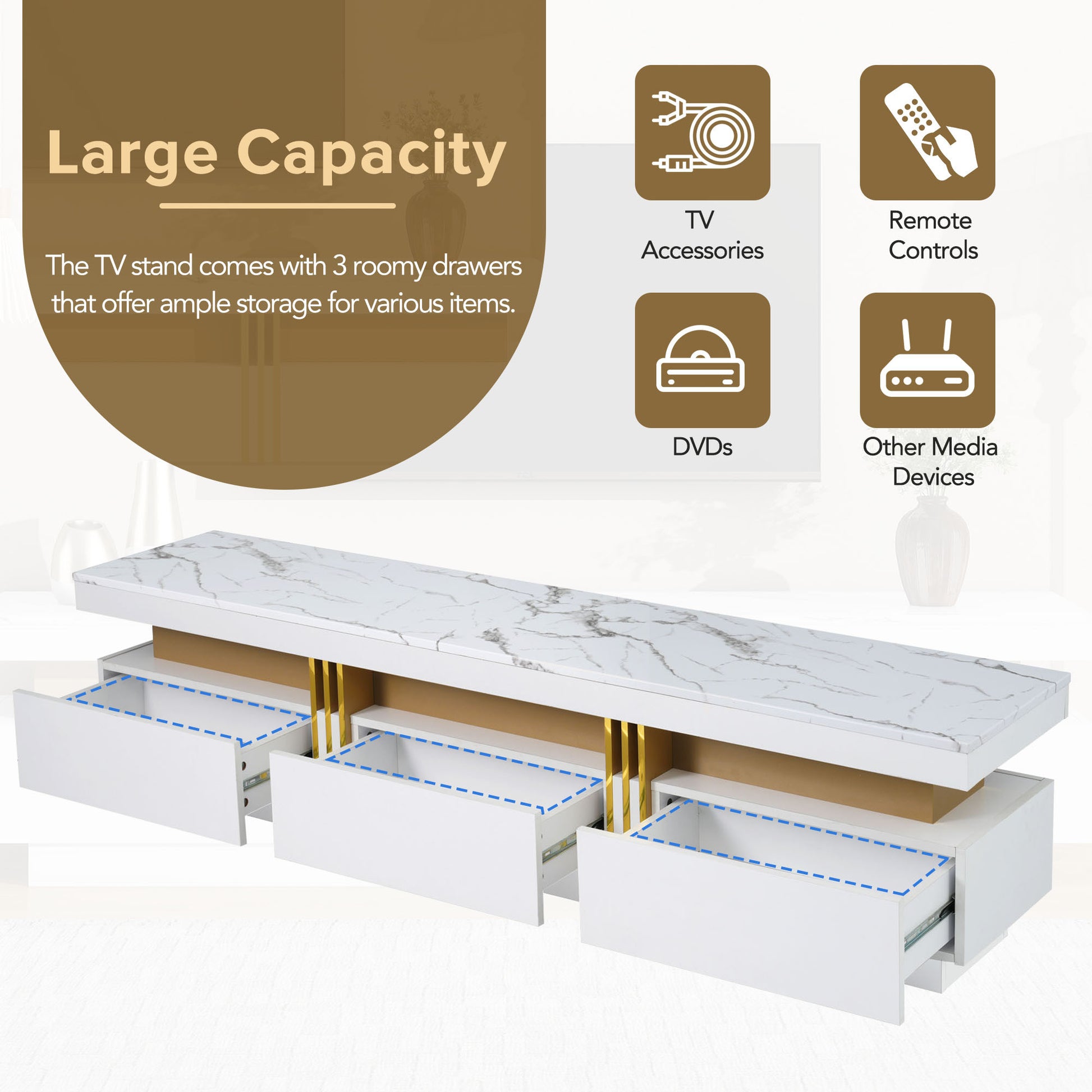 Luxury Tv Stand With High Gloss Faux Marble Top For Tvs Up To 78'', Rectangle Media Console With Golden Panel Design, Practical Entertainment Center With 3 Drawers For Living Room, White White Gold 70 79 Inches 70 79 Inches Mdf
