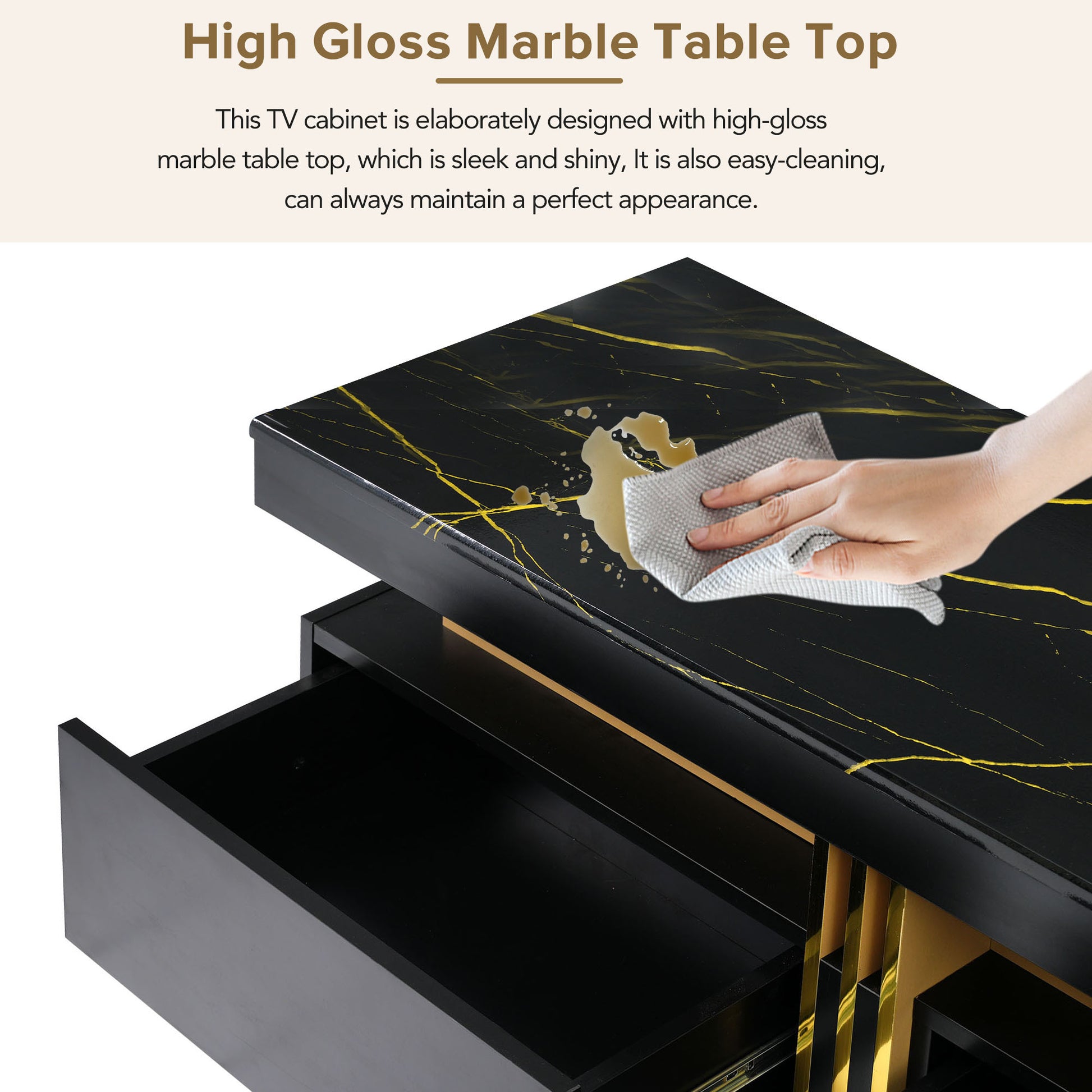 Luxury Tv Stand With High Gloss Faux Marble Top For Tvs Up To 78'', Rectangle Media Console With Golden Panel Design, Practical Entertainment Center With 3 Drawers For Living Room, Black Black Gold 70 79 Inches 70 79 Inches Mdf