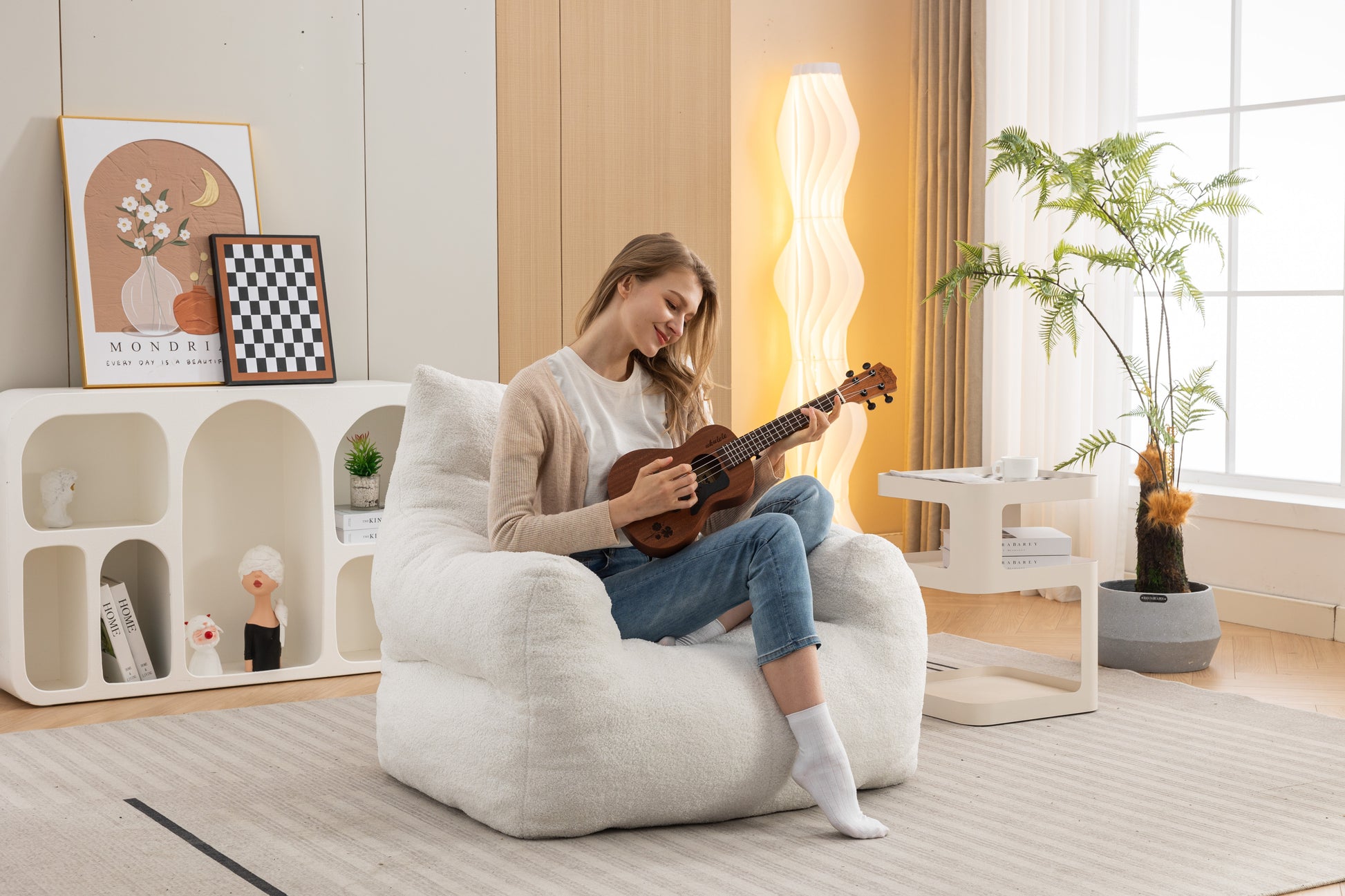 054 Large Size Teddy Fabric Bean Bag Chair Lazy Sofa Chair Sponge Filling For Indoor,Ivory Ivory Primary Living Space Soft Tufted Back Modern Memory Foam Teddy