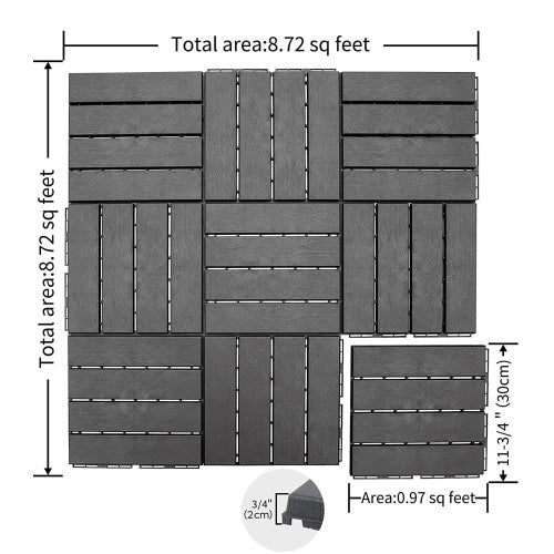 Patio Interlocking Deck Tiles, 12"X12" Square Composite Decking Tiles, Four Slat Plastic Outdoor Flooring Tile All Weather For Balcony Porch Backyard, Dark Grey, Pack Of 44 Grey Plastic