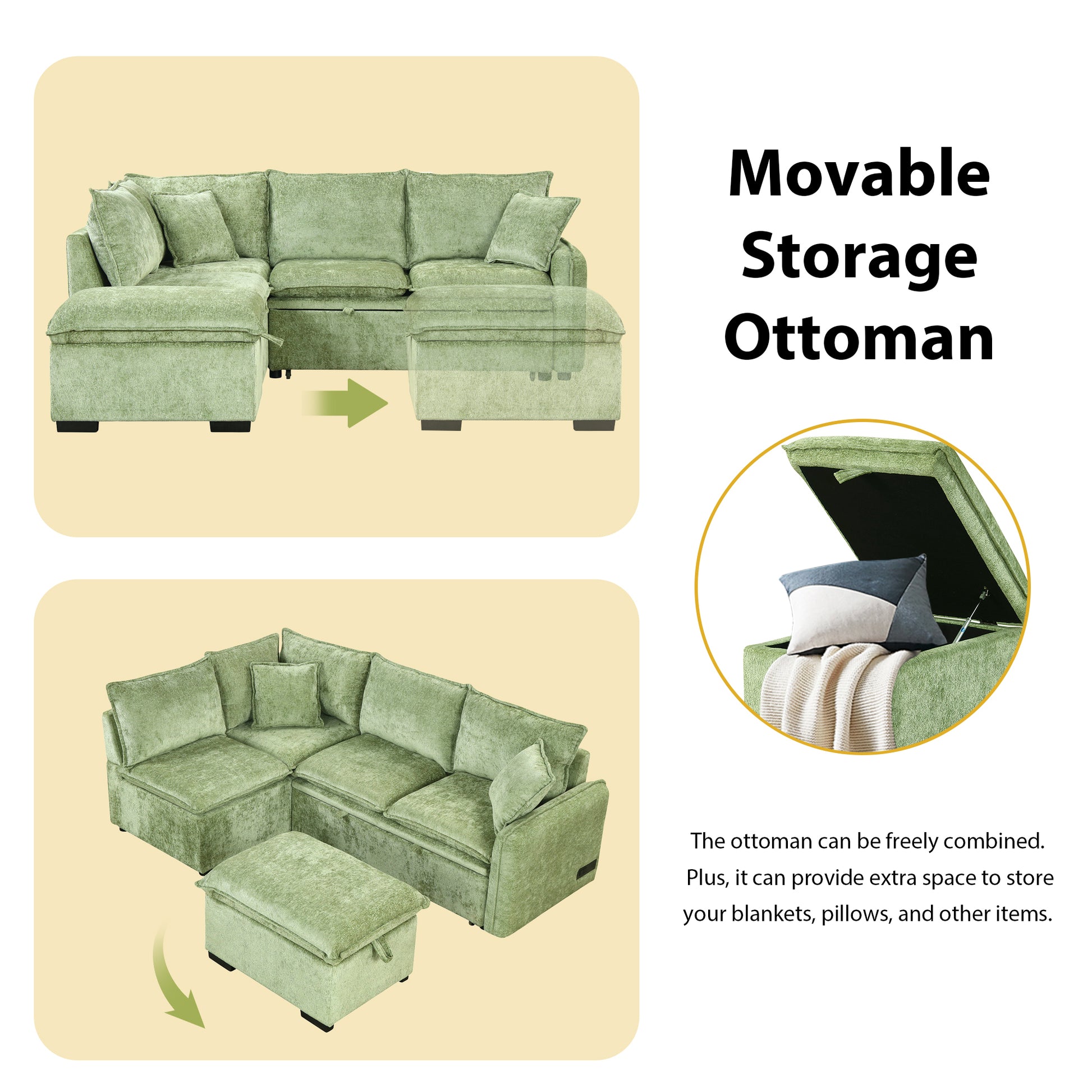 82.67"Convertible Sofa Bed Sectional Sofa Sleeper L Shaped Sofa With A Storage Ottoman,Two Pillows, Two Power Sockets And Two Usb Ports For Living Room, Green Green Foam Chenille 4 Seat