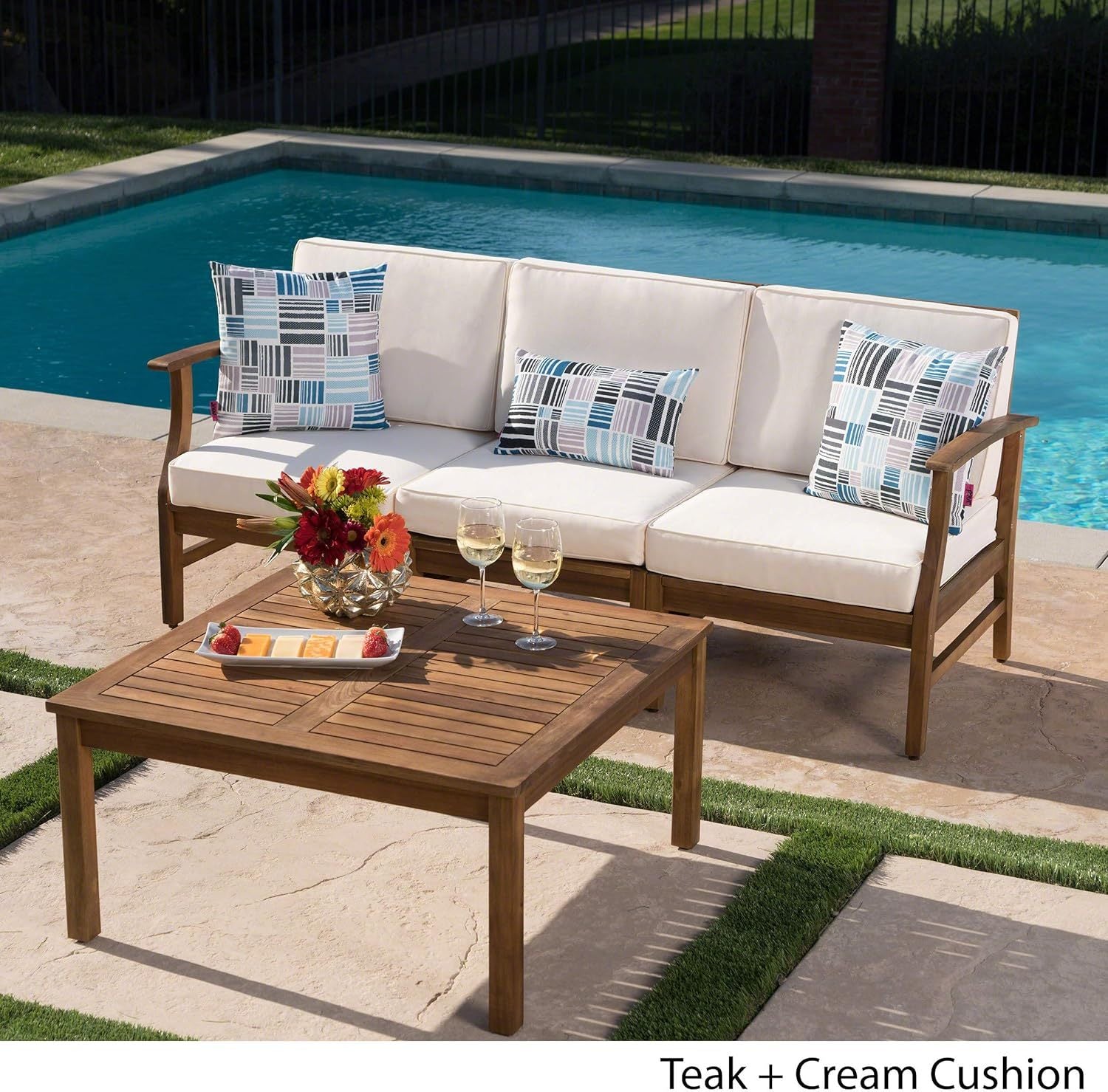 Perla 3 Seater Sofa And Table Set, Cream Cream Acacia Wood