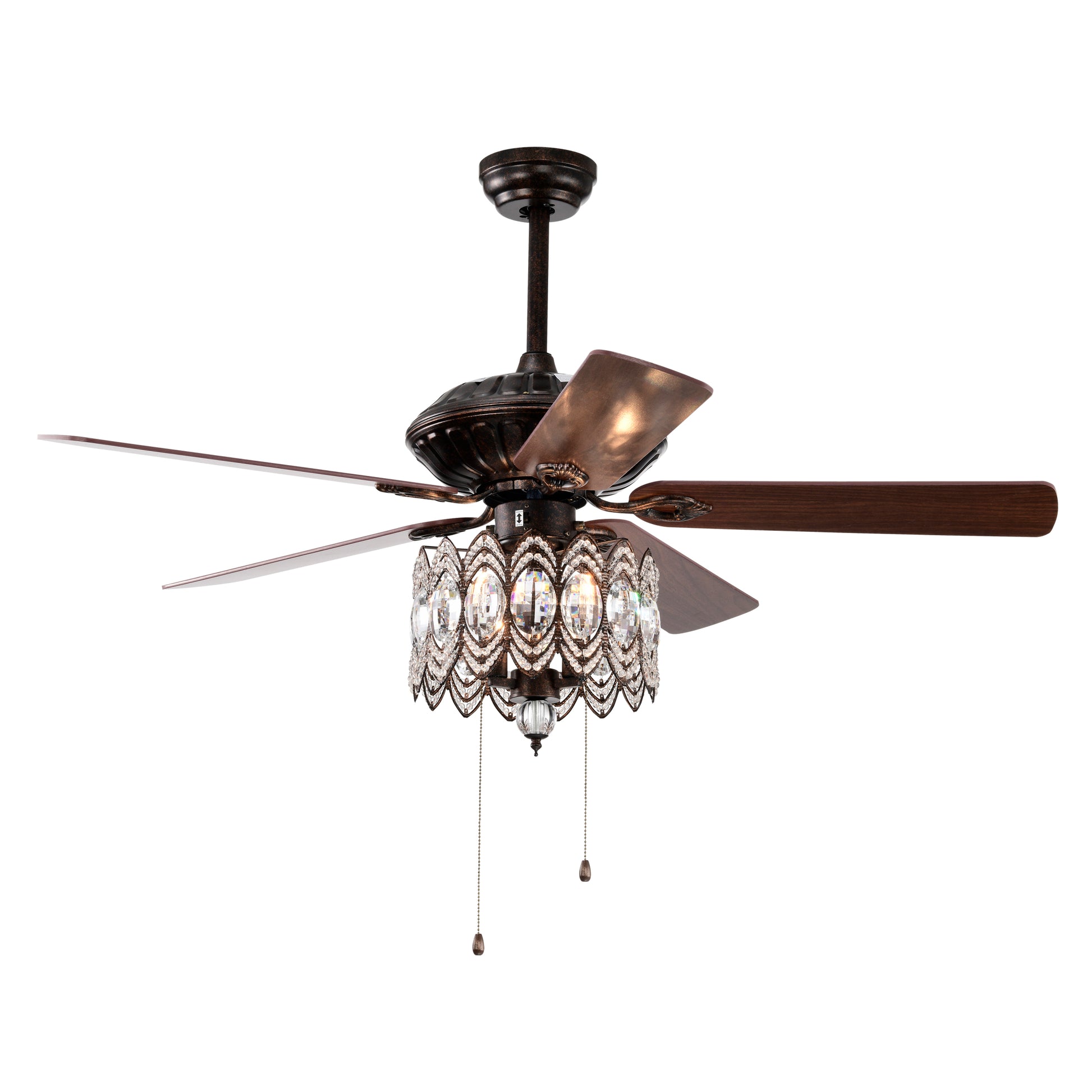 52'' Classical Crystal Ceiling Fan Lamp,3 Speed5 Reversible Blades For Living Room, Dining Room, Bedroom, Family Room, Rustic Bronze ,3Pcs*E12 No Include Bulb, Hand Pull Chain Rustic Brown American Traditional,Antique,Classic,Contemporary Abs Metal