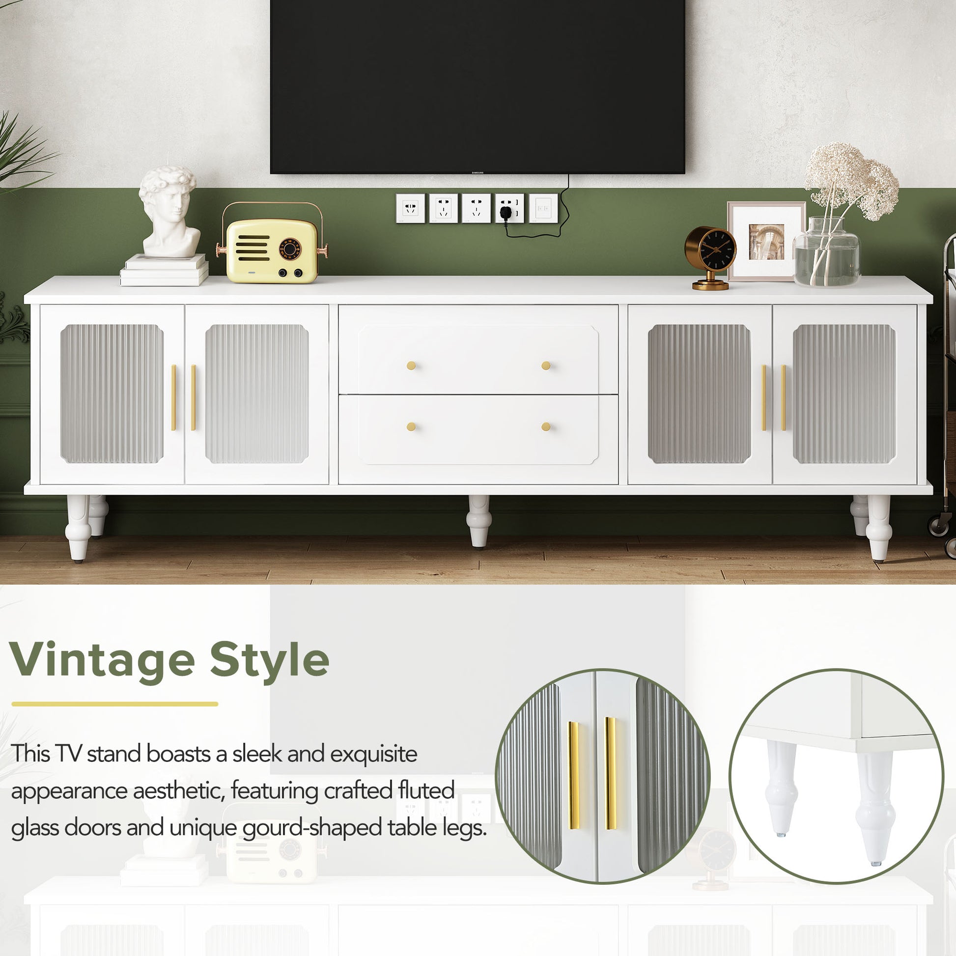 Retro Design Tv Stand With Fluted Glass Doors For Tvs Up To 78'', Practical Media Console With 2 Drawers And Cabinets, Elegant Entertainment Center For Living Room, White White Primary Living Space 70 79 Inches 70 79 Inches Particle Board