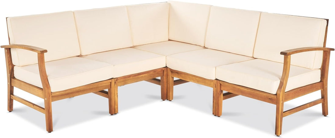 Perla 5 Pcs Sofa Set,Cream Cream Acacia Wood