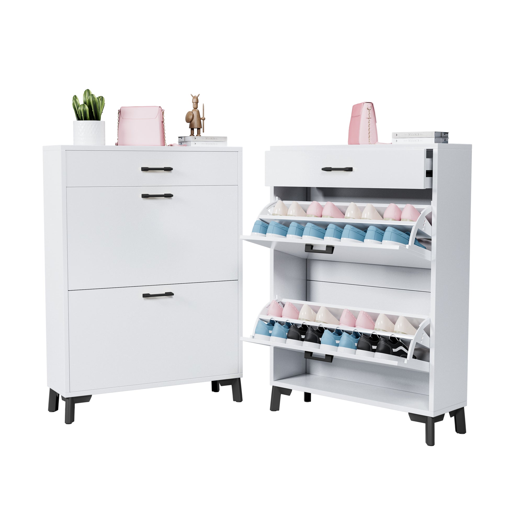 Shoe Storage Cabinet For Entryway, Free Standing Shoe Organizer With 2 Flip Drawers, Hidden Shoe Rack Storage Organizer For Doorway Hallway Closet, White White Mdf
