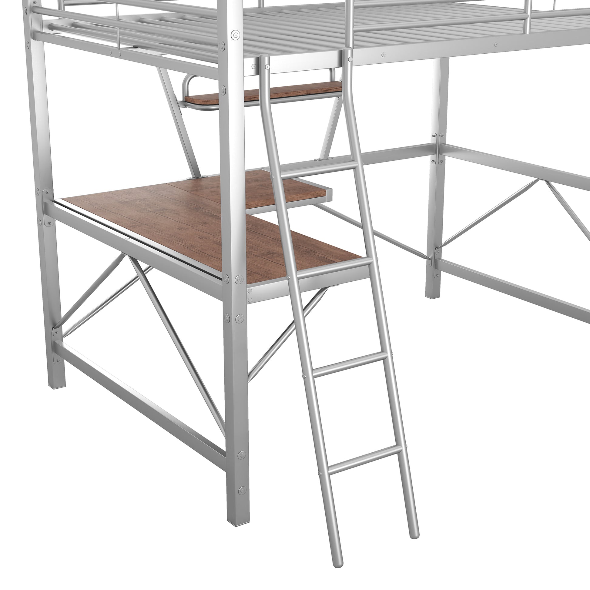 Full Size Loft Metal&Mdf Bed With Desk And Shelf, Silver Full Silver Metal