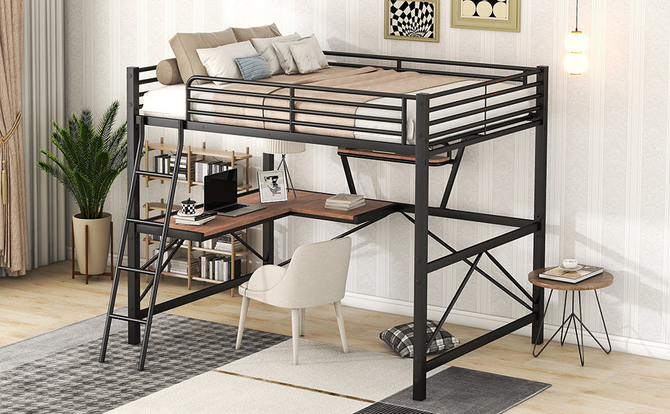 Full Size Loft Metal&Mdf Bed With Desk And Shelf, Black Full Black Metal