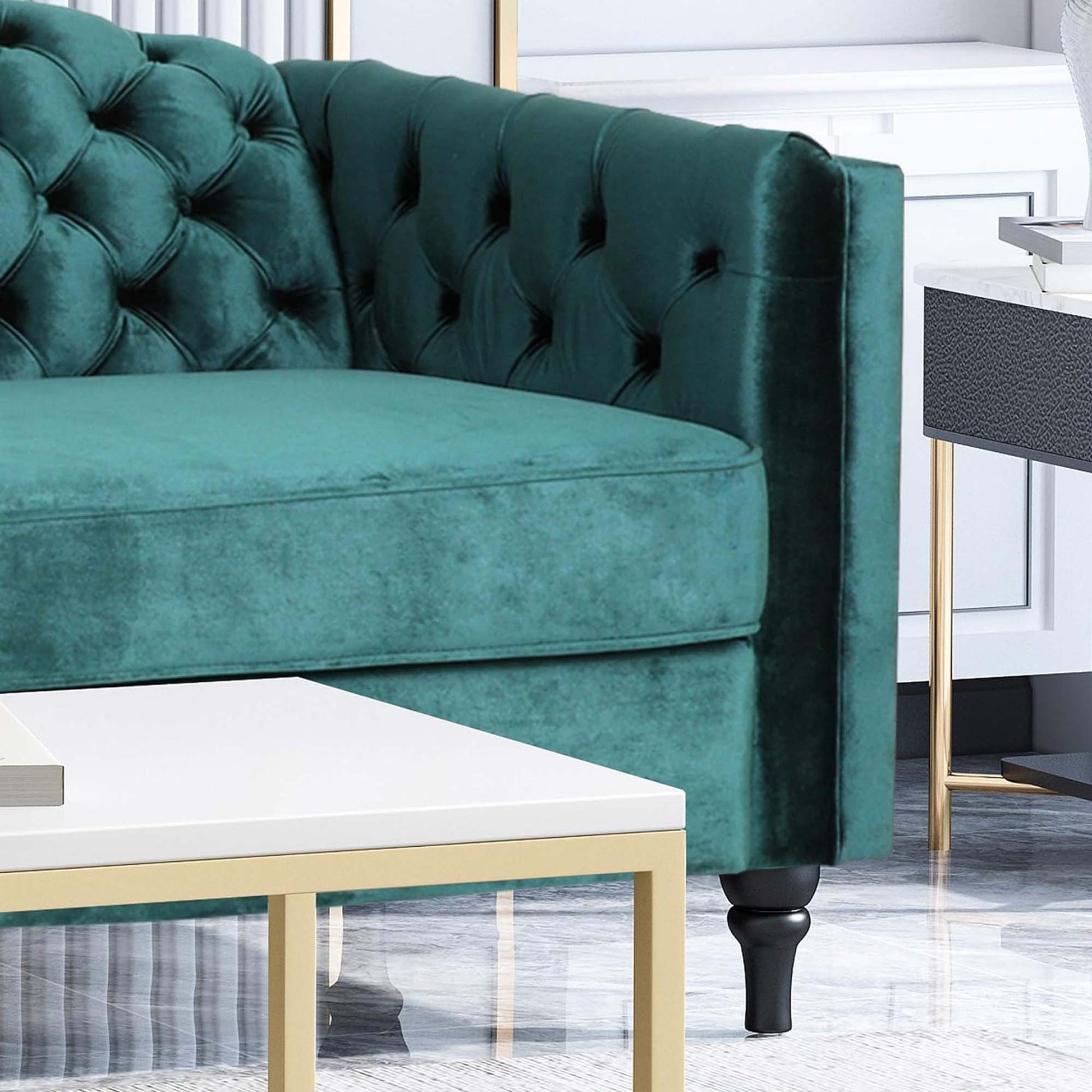 Mirod Comfy 3 Seat Sofa With Wooden Legs, Retro Style For Living Room Teal Velvet 3 Seat