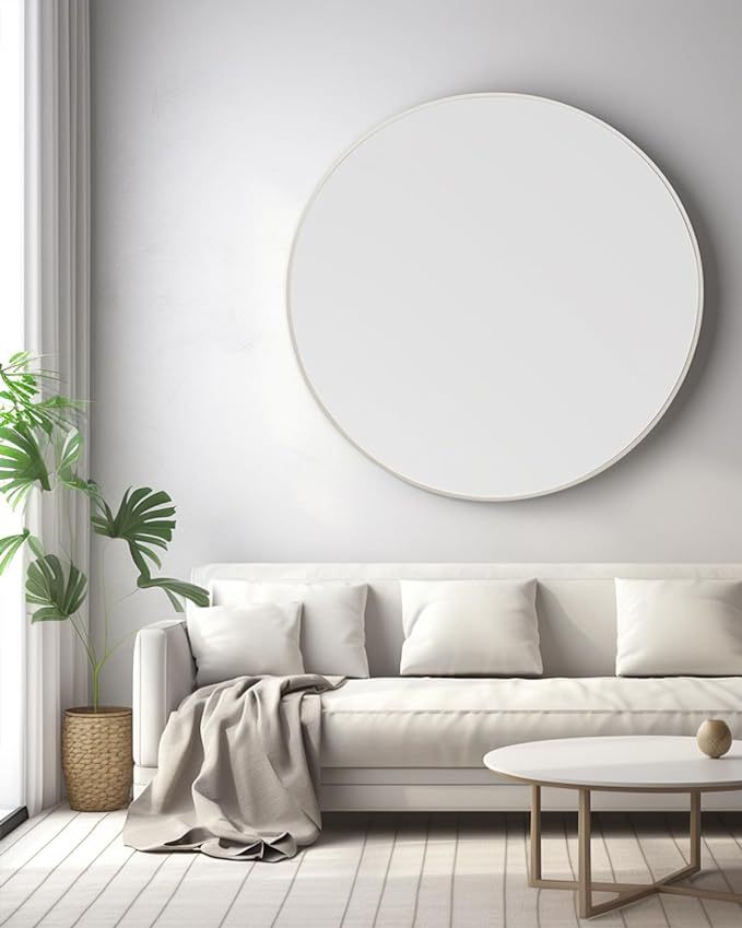 Silver 42 Inch Metal Round Bathroom Mirror Silver Classic Mdf Glass Aluminium