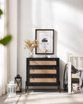 Rattan Storage Cabinet With 3 Large Drawers, Boho Mid Century Wooden Nightstand Drawer Dresser, Sideboard Buffet Cabinet With Storage For Living Room Dining Room Hallway Bedroom, 30 15.8 30 Inches Black Mdf