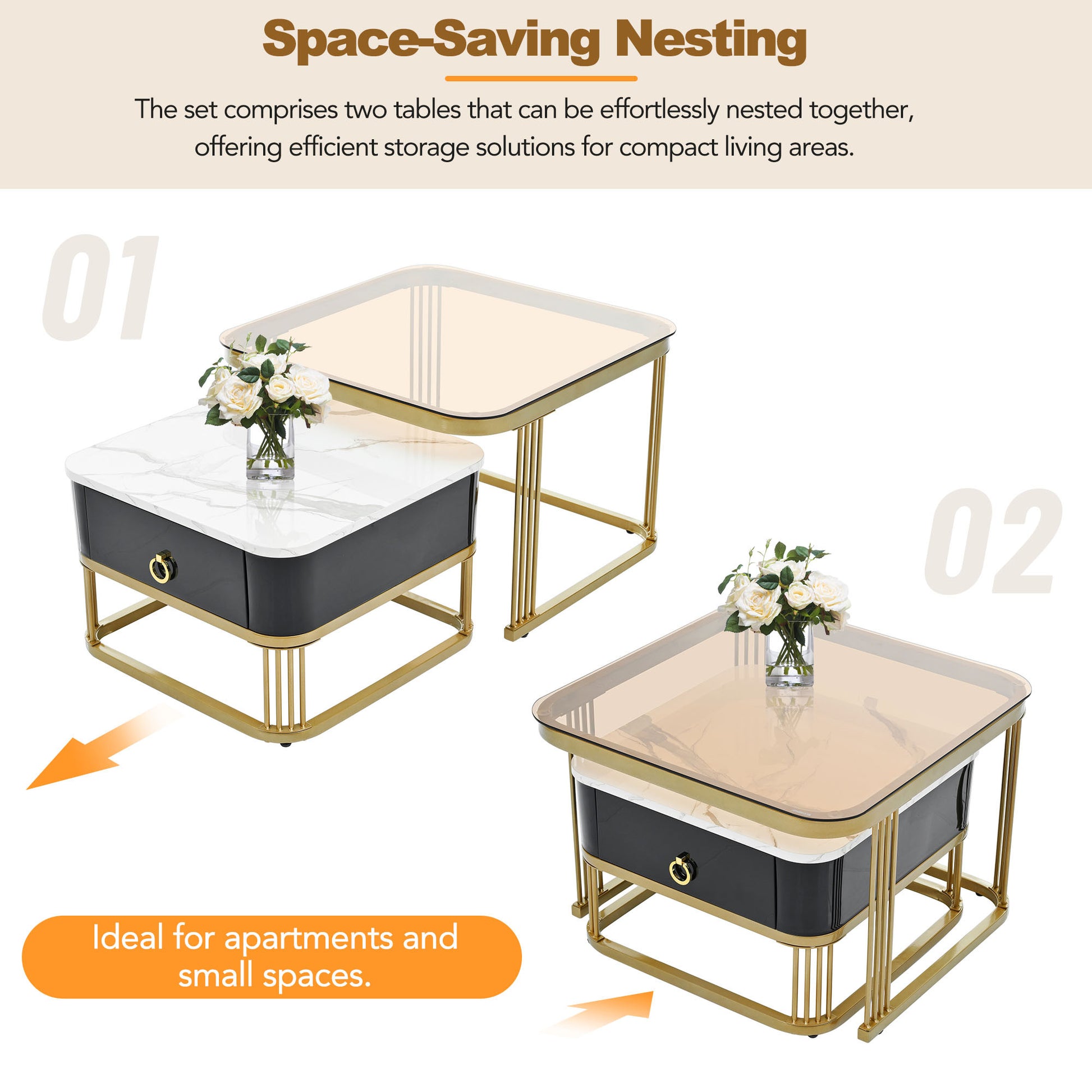 Nesting Coffee Table With Drawer, Set Of 2, Exquisite Square Stacking Coffee Tables With Brown Tempered Glass, Side Table With High Gloss Marble Grain Tabletop For Living Room, Black Black Gold Primary Living Space Drawers Square Mdf Steel