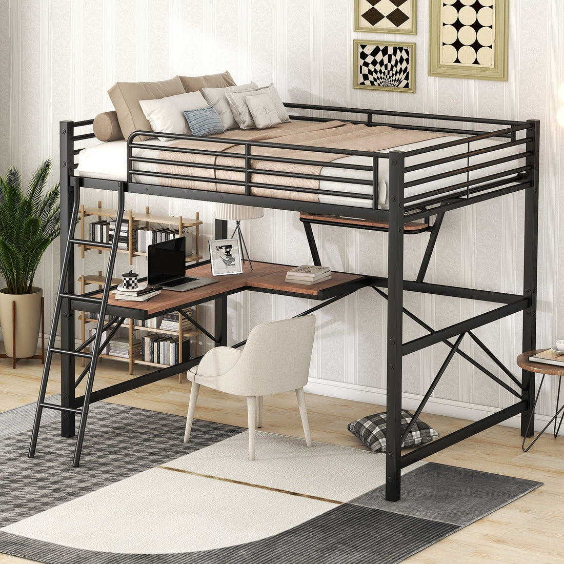 Full Size Loft Metal&Mdf Bed With Desk And Shelf, Black Full Black Metal