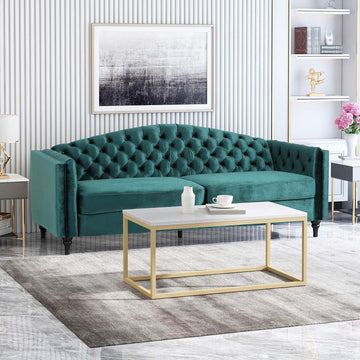 Mirod Comfy 3 Seat Sofa With Wooden Legs, Retro Style For Living Room Teal Velvet 3 Seat