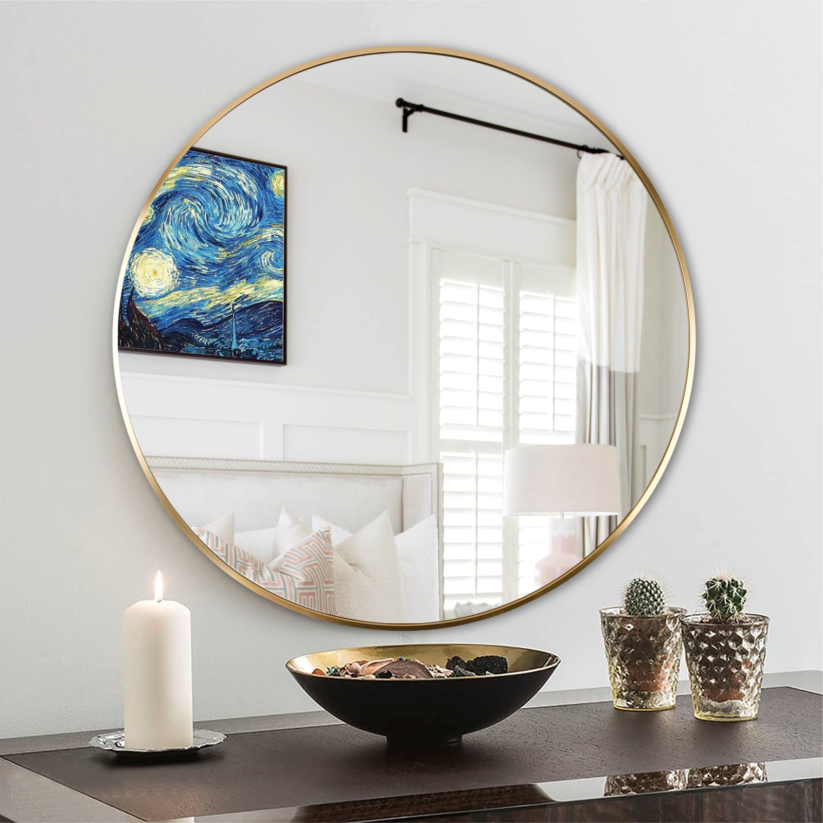 Gold 24 Inch Metal Round Bathroom Mirror Gold Classic Mdf Glass Aluminium Alloy