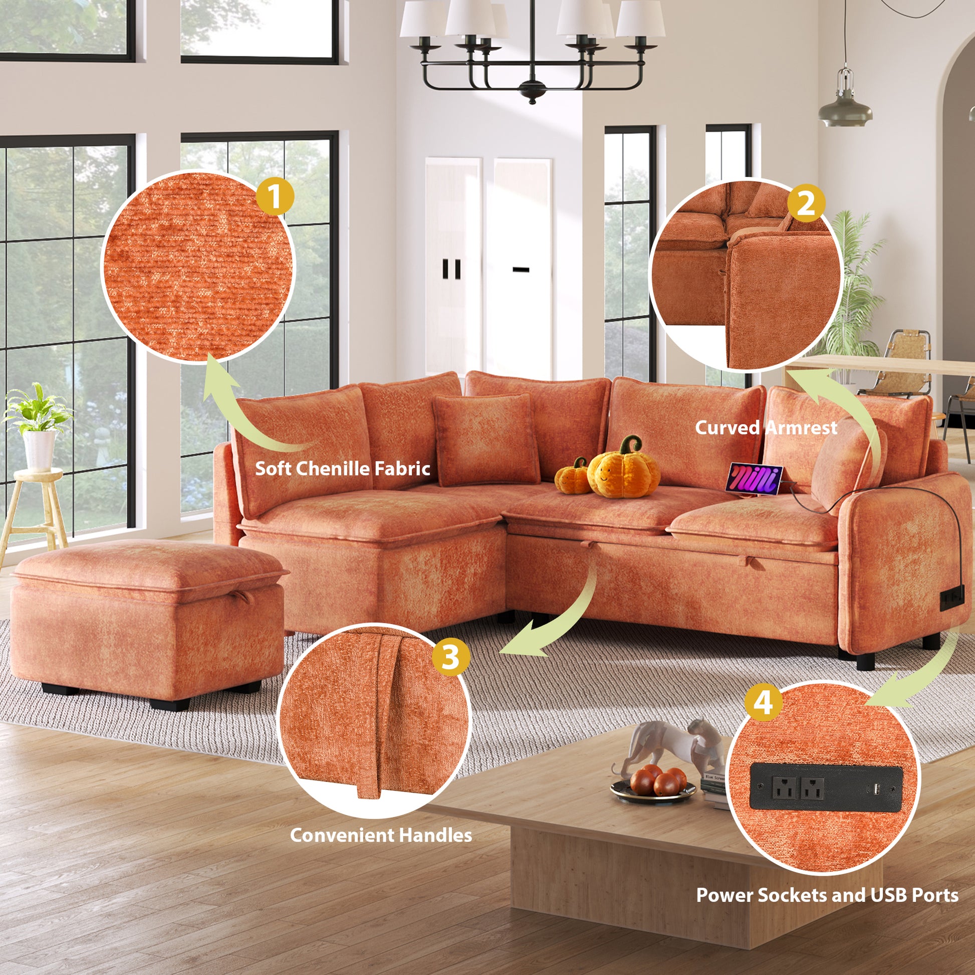 82.67"Convertible Sofa Bed Sectional Sofa Sleeper L Shaped Sofa With A Storage Ottoman,Two Pillows, Two Power Sockets And Two Usb Ports For Living Room, Orange Orange Foam Chenille 4 Seat