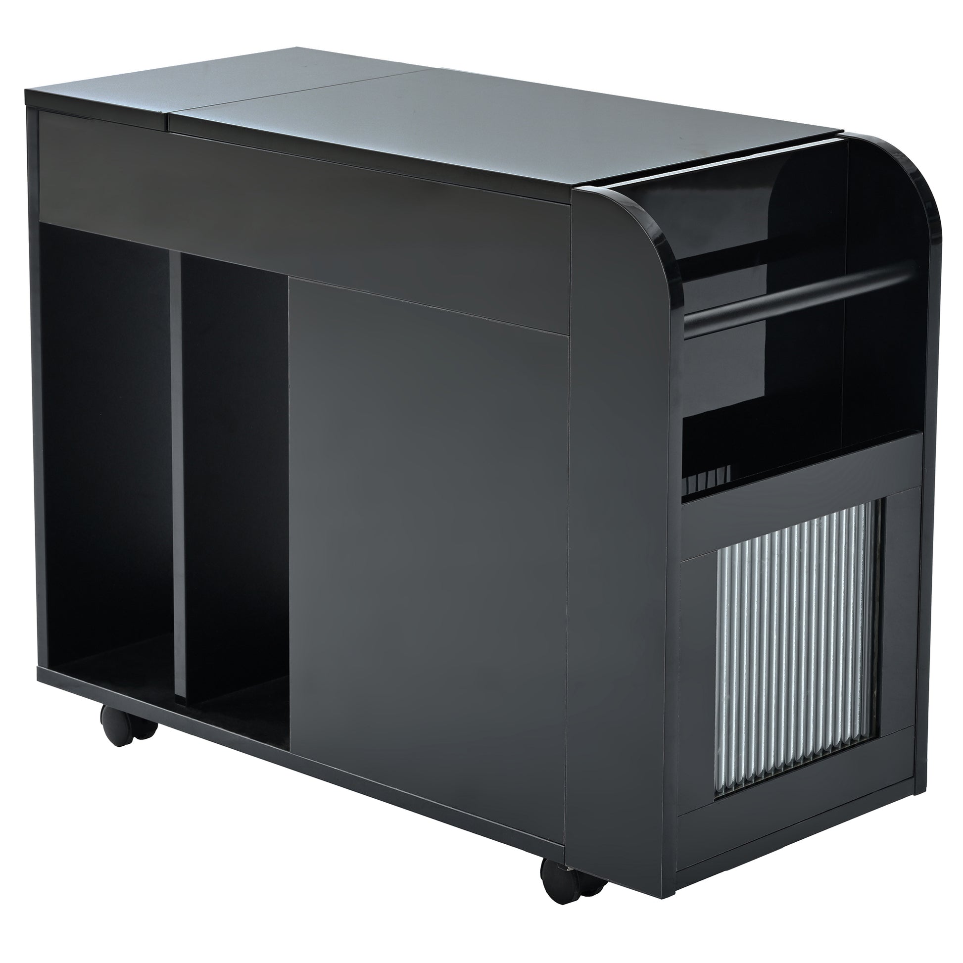 Multifunctional Extendable End Table With Wheels, Side Table With Tempered Glass Door, 2 Storage Shelves, 2 Drawers For Living Room, Black Black Mdf