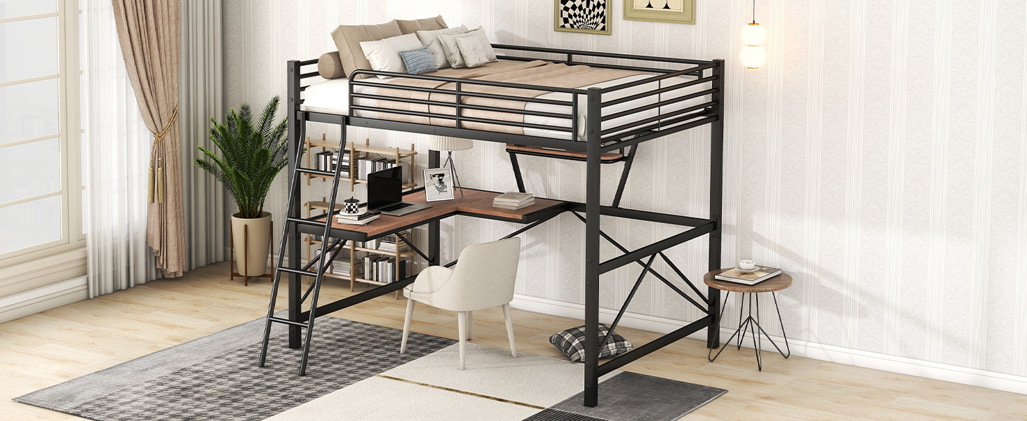 Full Size Loft Metal&Mdf Bed With Desk And Shelf, Black Full Black Metal