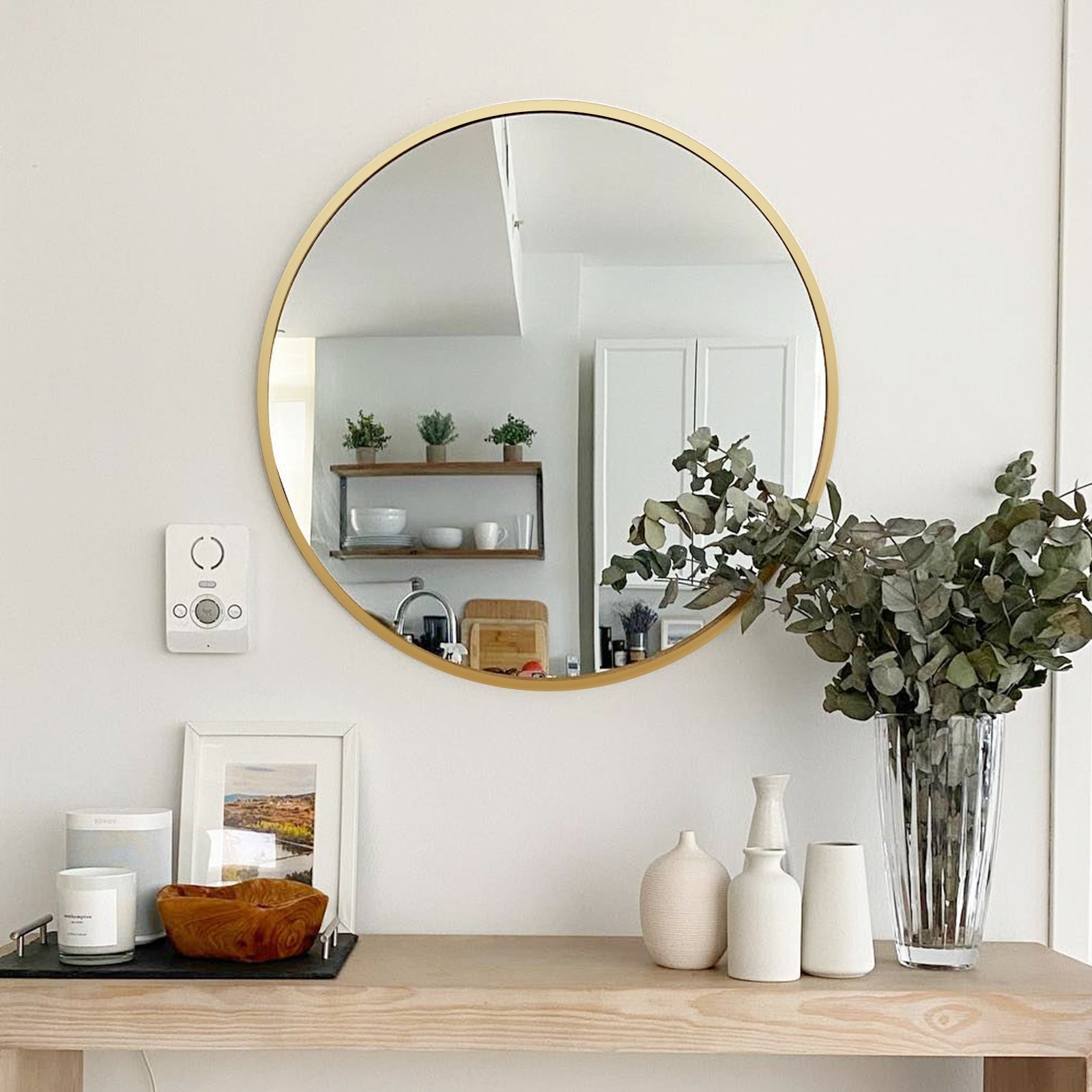 Gold 16 Inch Metal Round Bathroom Mirror Gold Classic Mdf Glass Aluminium Alloy