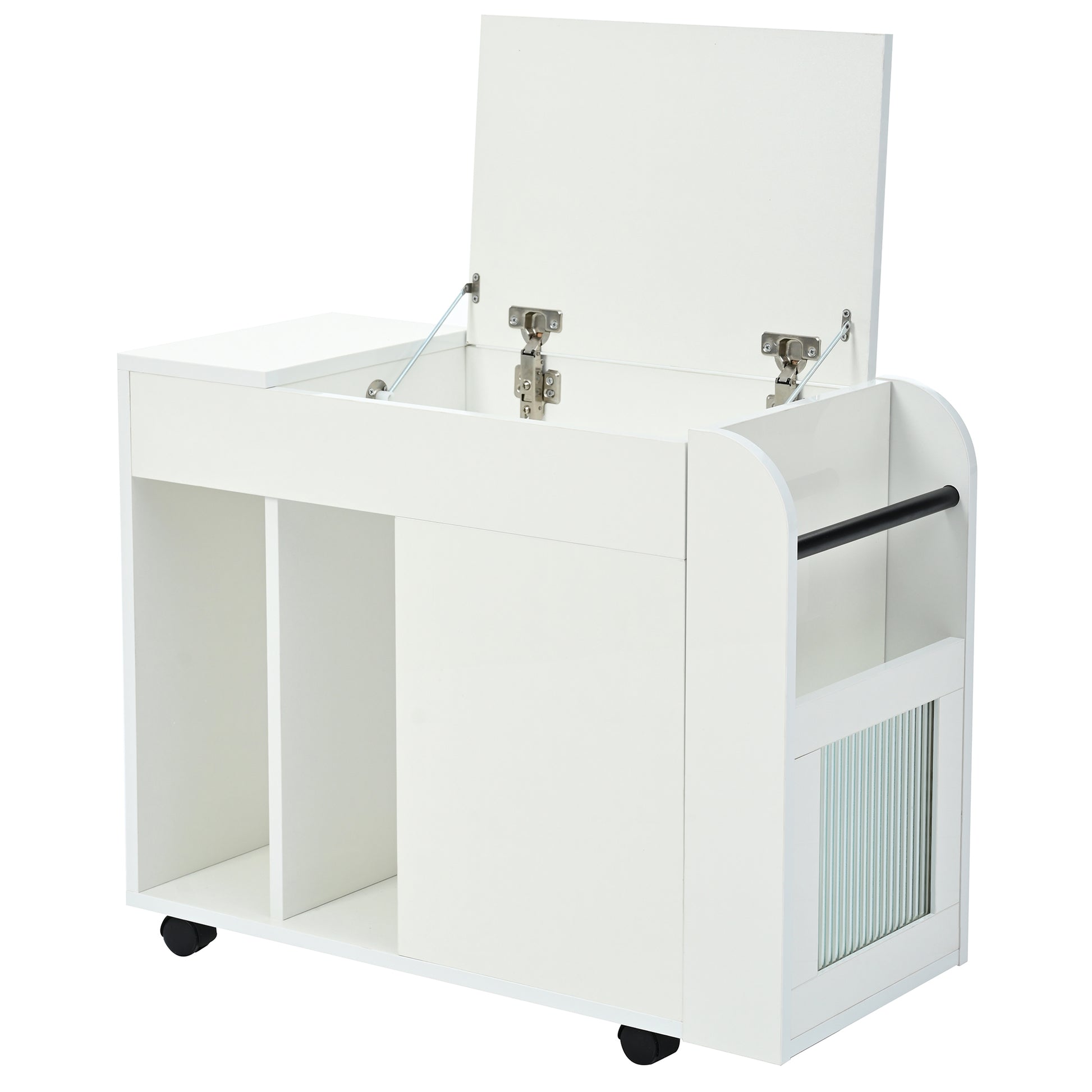 Multifunctional End Table With Wheels, Side Table With Tempered Glass Door, 2 Storage Shelves, 2 Drawers For Living Room, White White Mdf