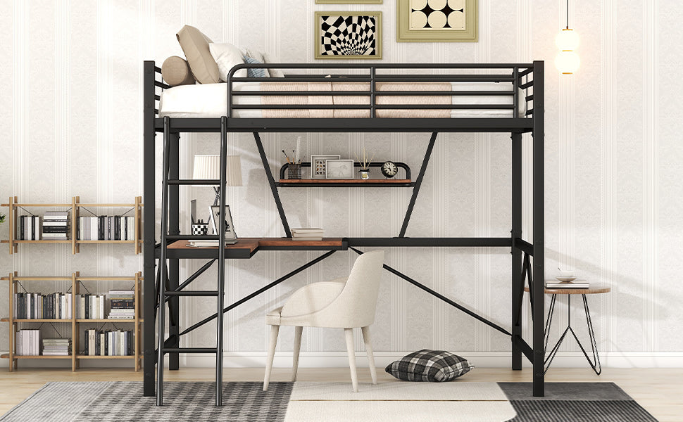 Full Size Loft Metal&Mdf Bed With Desk And Shelf, Black Full Black Metal