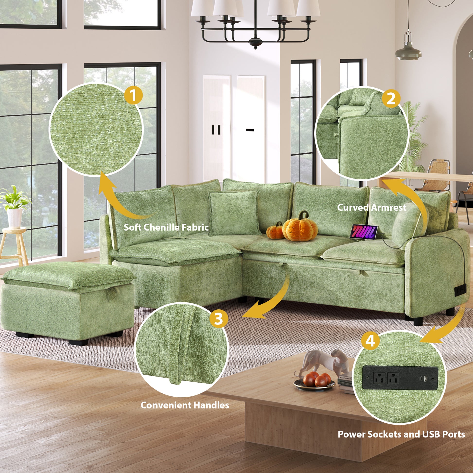 82.67"Convertible Sofa Bed Sectional Sofa Sleeper L Shaped Sofa With A Storage Ottoman,Two Pillows, Two Power Sockets And Two Usb Ports For Living Room, Green Green Foam Chenille 4 Seat