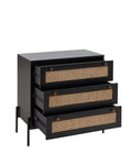 Rattan Storage Cabinet With 3 Large Drawers, Boho Mid Century Wooden Nightstand Drawer Dresser, Sideboard Buffet Cabinet With Storage For Living Room Dining Room Hallway Bedroom, 30 15.8 30 Inches Black Mdf