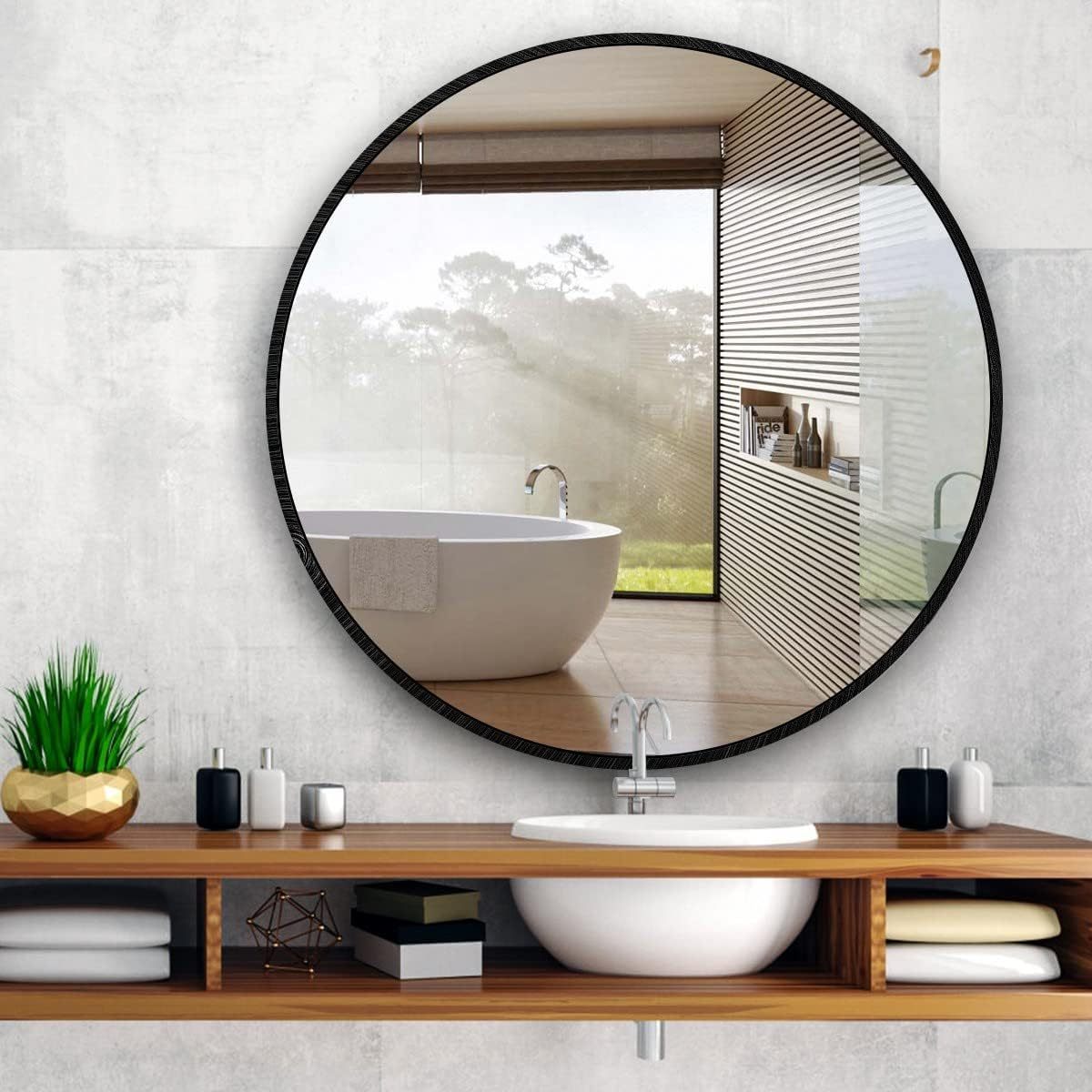 Black 39 Inch Metal Round Bathroom Mirror Black Classic Mdf Glass Aluminium Alloy