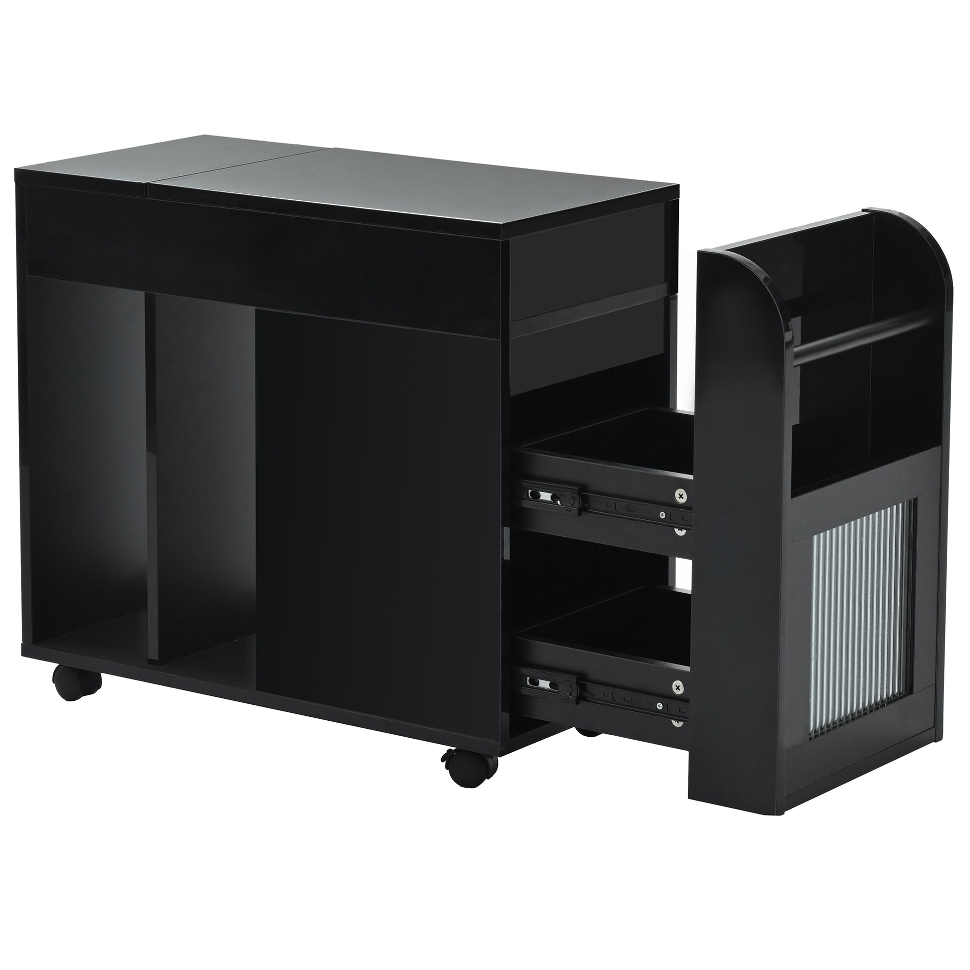 Multifunctional Extendable End Table With Wheels, Side Table With Tempered Glass Door, 2 Storage Shelves, 2 Drawers For Living Room, Black Black Mdf