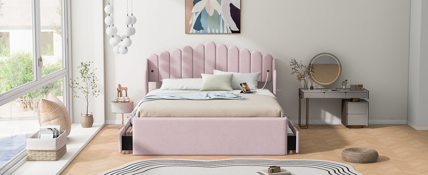 Queen Size Upholstered Platform Bed With 4 Drawers And 2 Usb, Pink Box Spring Not Required Queen Pink Wood Bedroom Bed Frame Polyester Upholstered