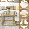 Nesting Coffee Table With Drawer, Set Of 2, Exquisite Square Stacking Coffee Tables With Brown Tempered Glass, Side Table With High Gloss Marble Grain Tabletop For Living Room, White White Gold Primary Living Space Drawers Square Mdf Steel