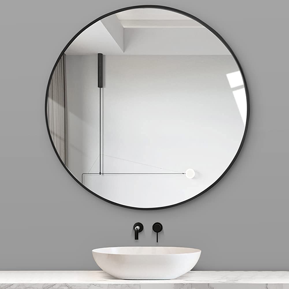 Black 30 Inch Metal Round Bathroom Mirror Black Classic Mdf Glass Aluminium Alloy