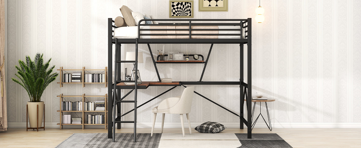 Full Size Loft Metal&Mdf Bed With Desk And Shelf, Black Full Black Metal