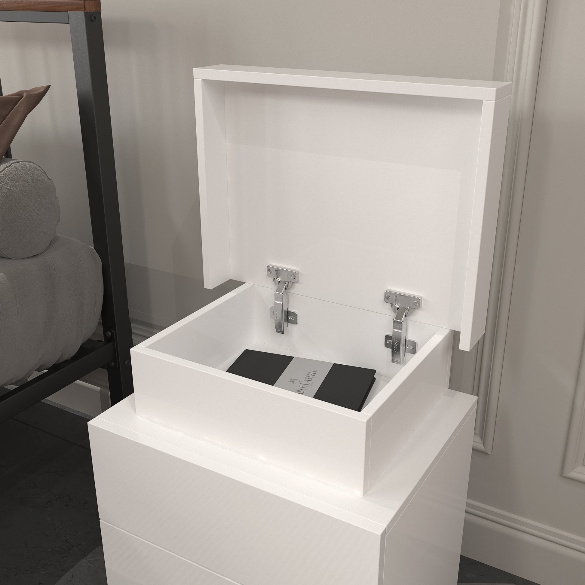 Modern White Nightstand With 2 Storage Drawers,Led Lights, End Table For Bedroom Furniture White Particle Board