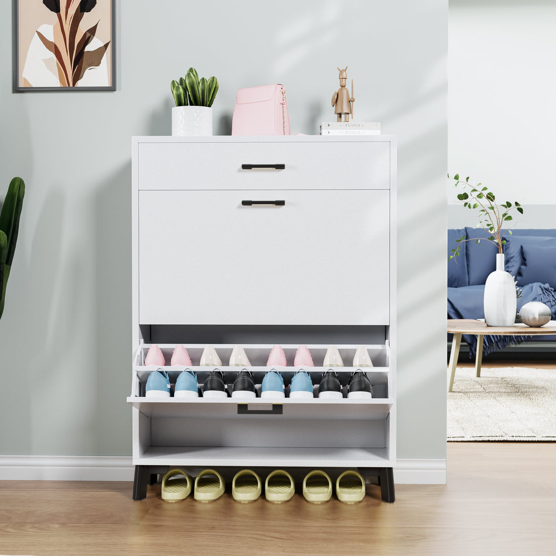 Shoe Storage Cabinet For Entryway, Free Standing Shoe Organizer With 2 Flip Drawers, Hidden Shoe Rack Storage Organizer For Doorway Hallway Closet, White White Mdf