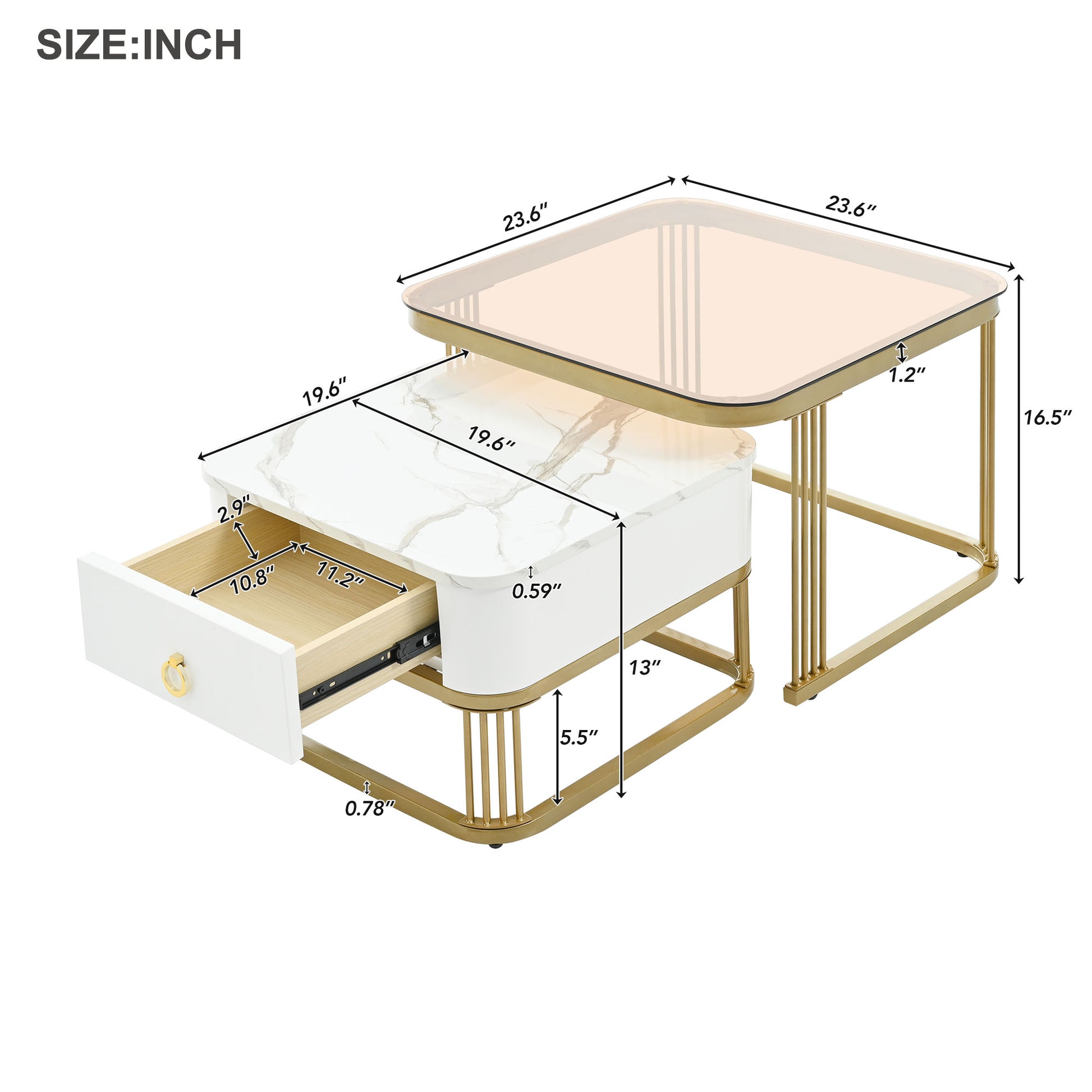Nesting Coffee Table With Drawer, Set Of 2, Exquisite Square Stacking Coffee Tables With Brown Tempered Glass, Side Table With High Gloss Marble Grain Tabletop For Living Room, White White Gold Primary Living Space Drawers Square Mdf Steel