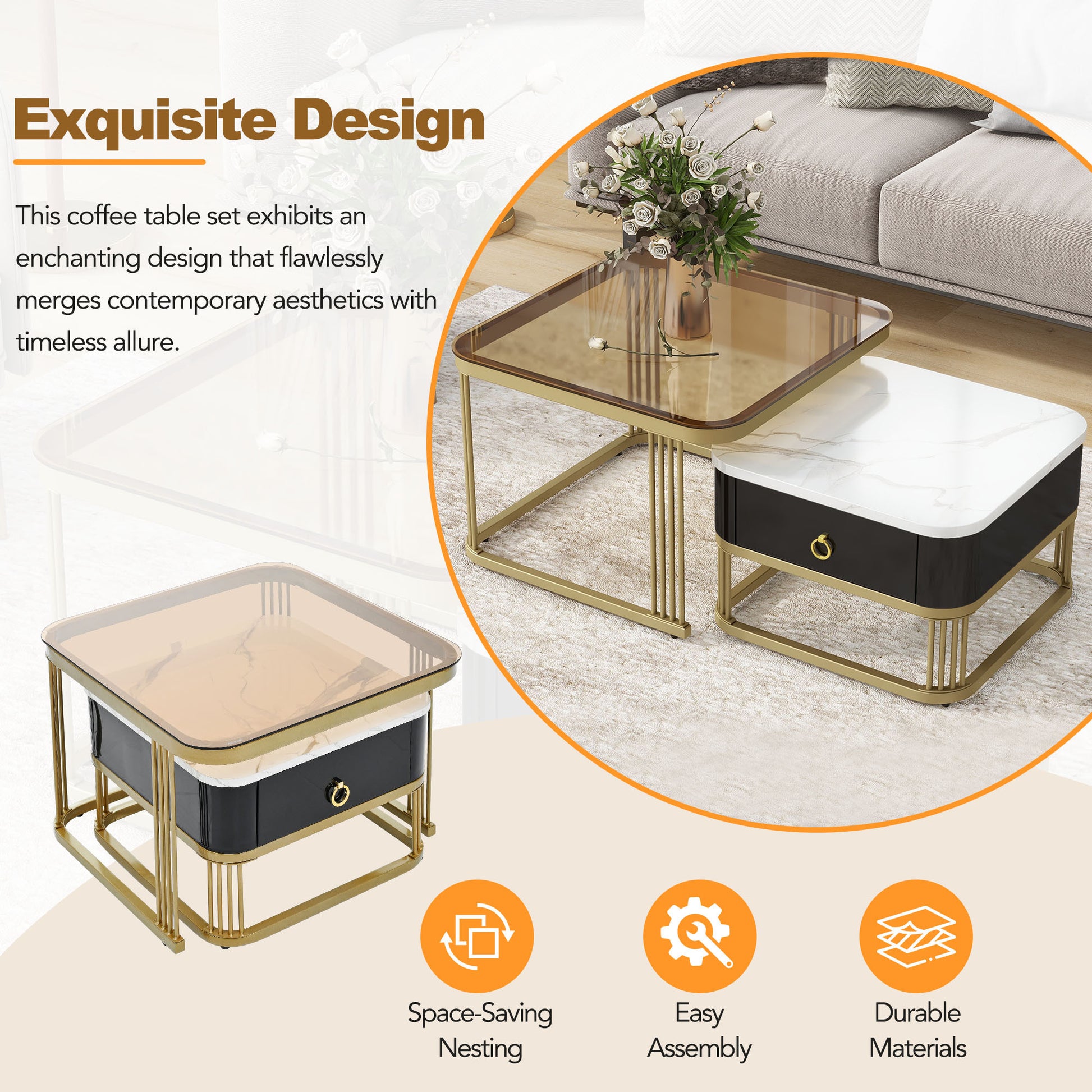 Nesting Coffee Table With Drawer, Set Of 2, Exquisite Square Stacking Coffee Tables With Brown Tempered Glass, Side Table With High Gloss Marble Grain Tabletop For Living Room, Black Black Gold Primary Living Space Drawers Square Mdf Steel