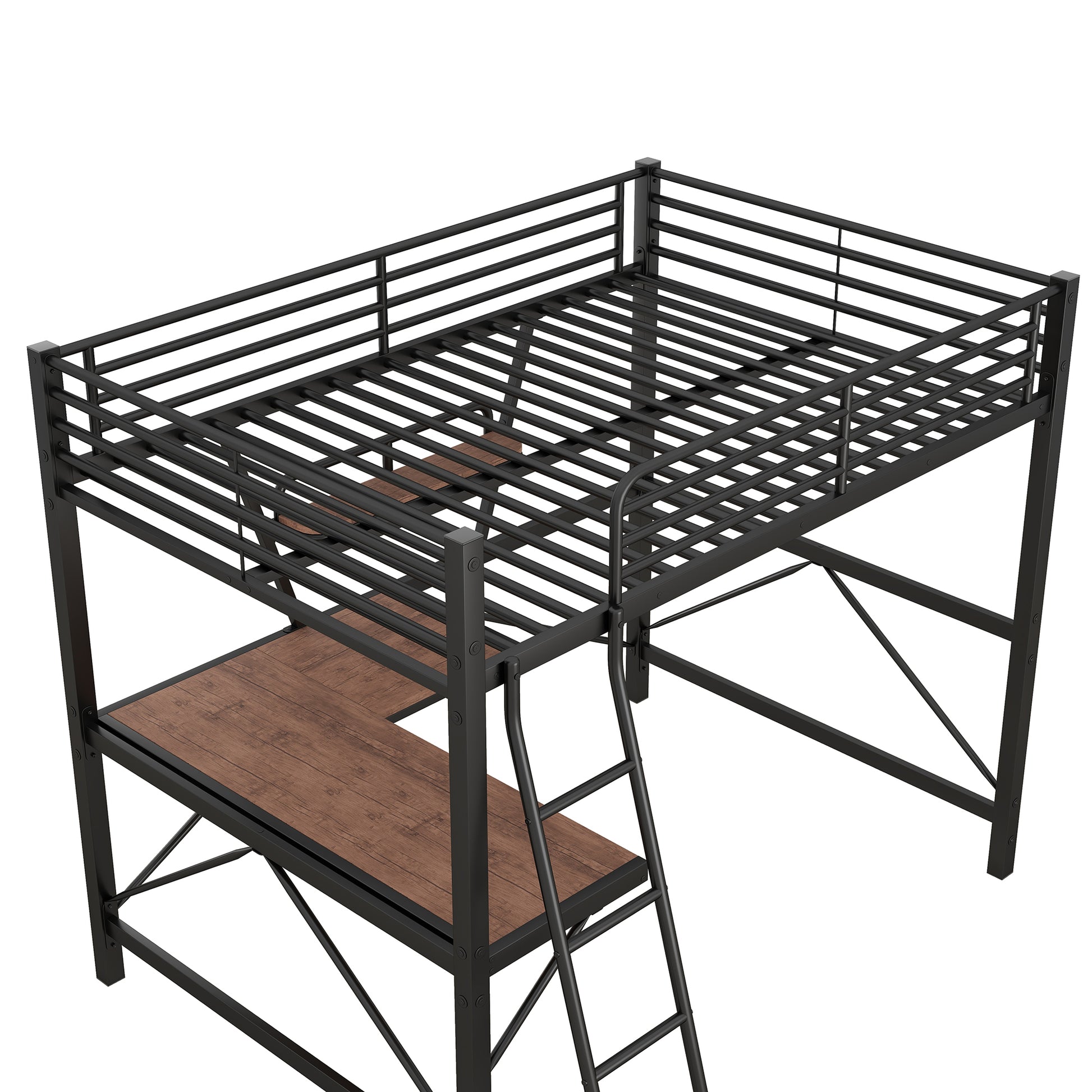 Full Size Loft Metal&Mdf Bed With Desk And Shelf, Black Full Black Metal