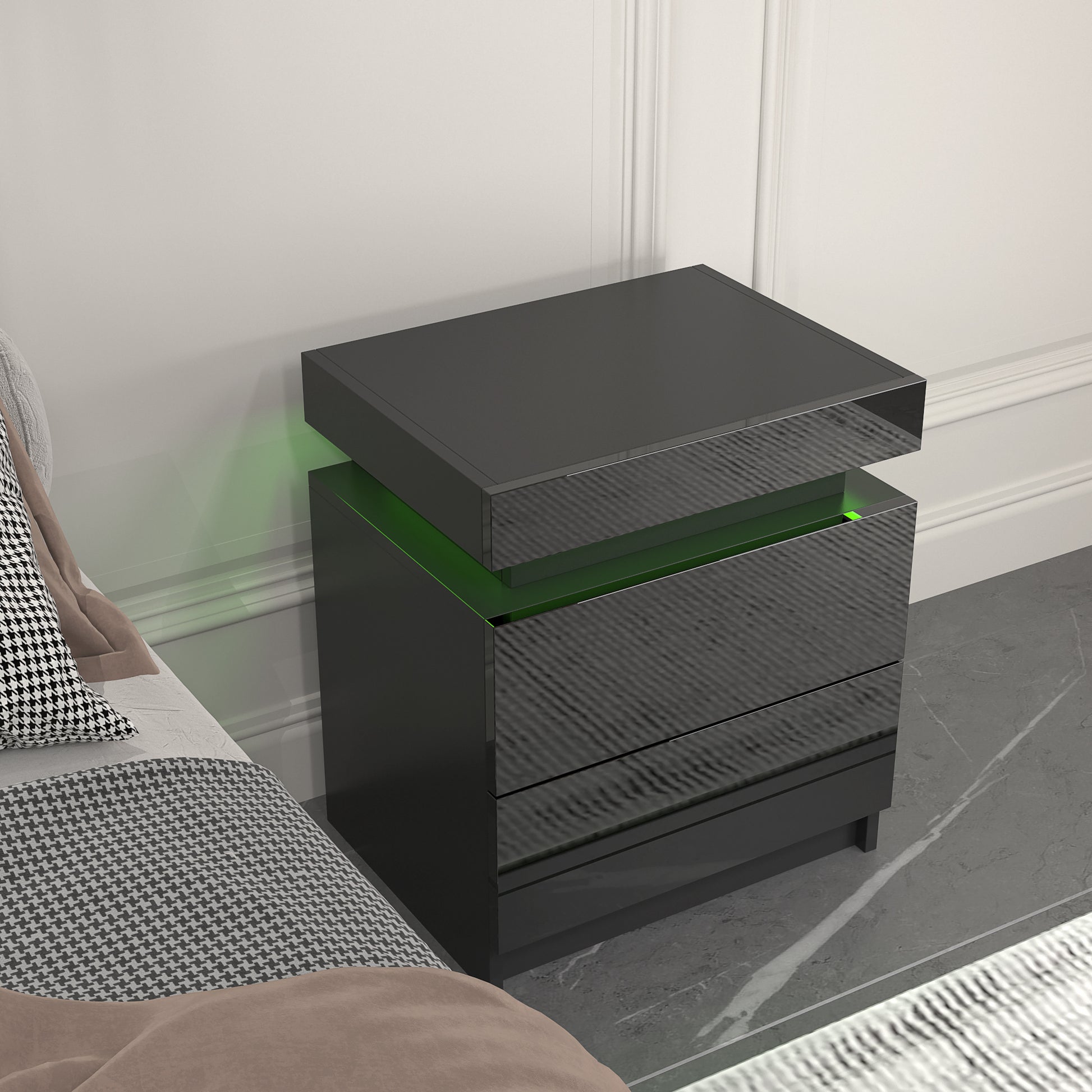 Modern Black Led Nightstand With Led Lights Bedside Table With 2 High Gloss Drawers For Bedroom Black Particle Board