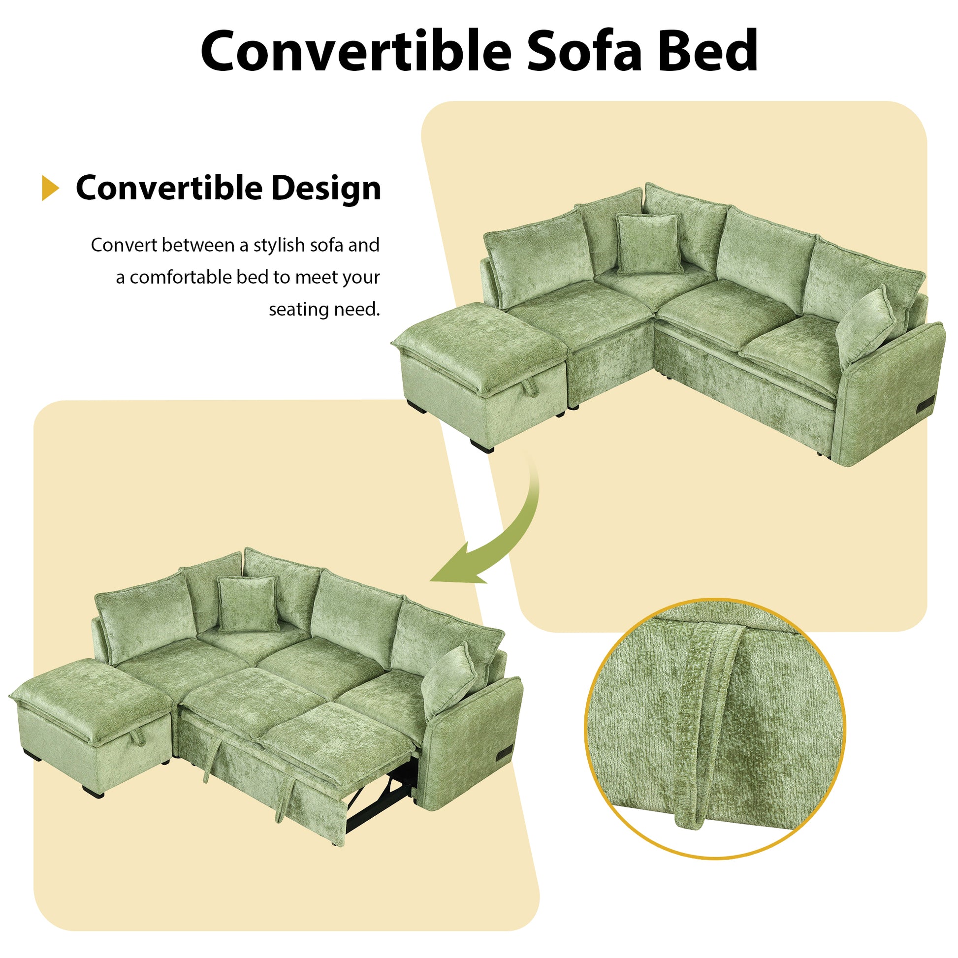 82.67"Convertible Sofa Bed Sectional Sofa Sleeper L Shaped Sofa With A Storage Ottoman,Two Pillows, Two Power Sockets And Two Usb Ports For Living Room, Green Green Foam Chenille 4 Seat