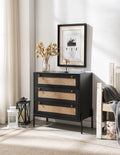 Rattan Storage Cabinet With 3 Large Drawers, Boho Mid Century Wooden Nightstand Drawer Dresser, Sideboard Buffet Cabinet With Storage For Living Room Dining Room Hallway Bedroom, 30 15.8 30 Inches Black Mdf